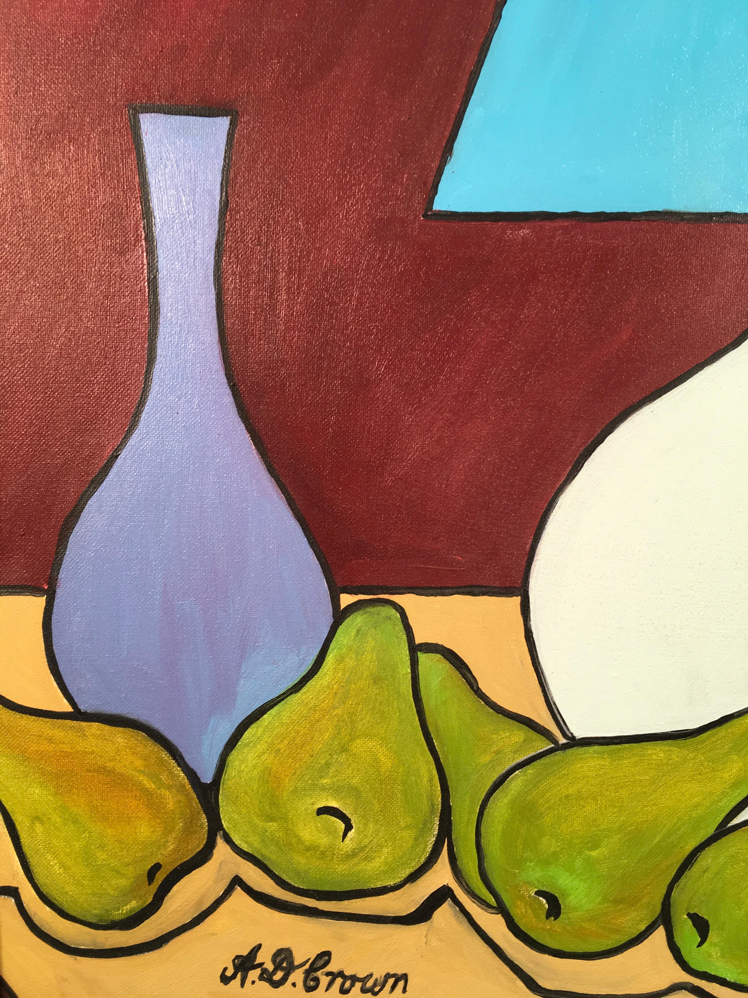 'Still Life with Lamp and Bartlett Pears', By David Crown, Acrylic on Canvas For Sale 2