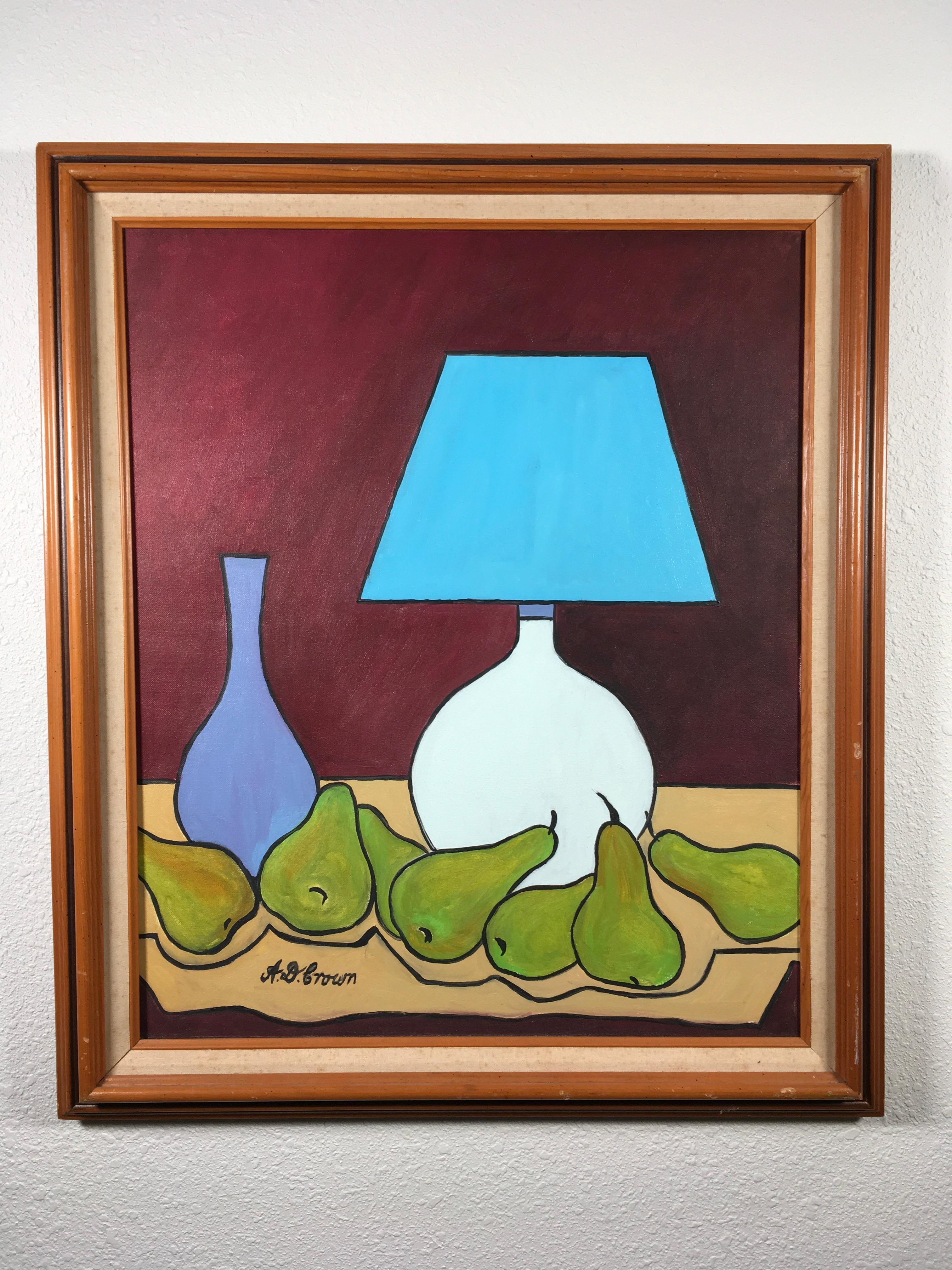 David Crown  Still-Life Painting - 'Still Life with Lamp and Bartlett Pears', By David Crown, Acrylic on Canvas