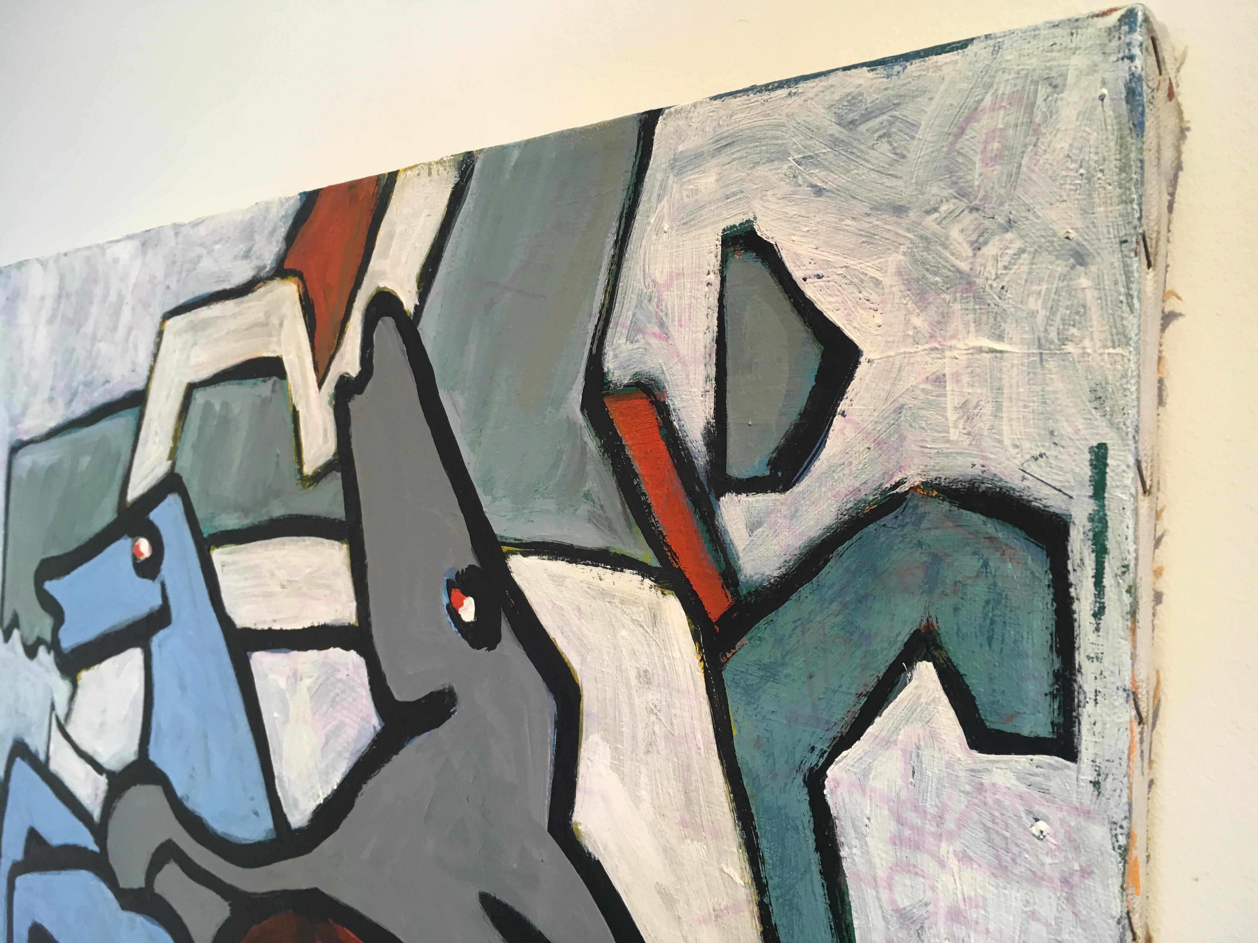 Abstrakte Pferde und Kuh, ohne Titel, von David Crown, Öl auf Leinwand Gemälde (Grau), Abstract Painting, von David Crown 