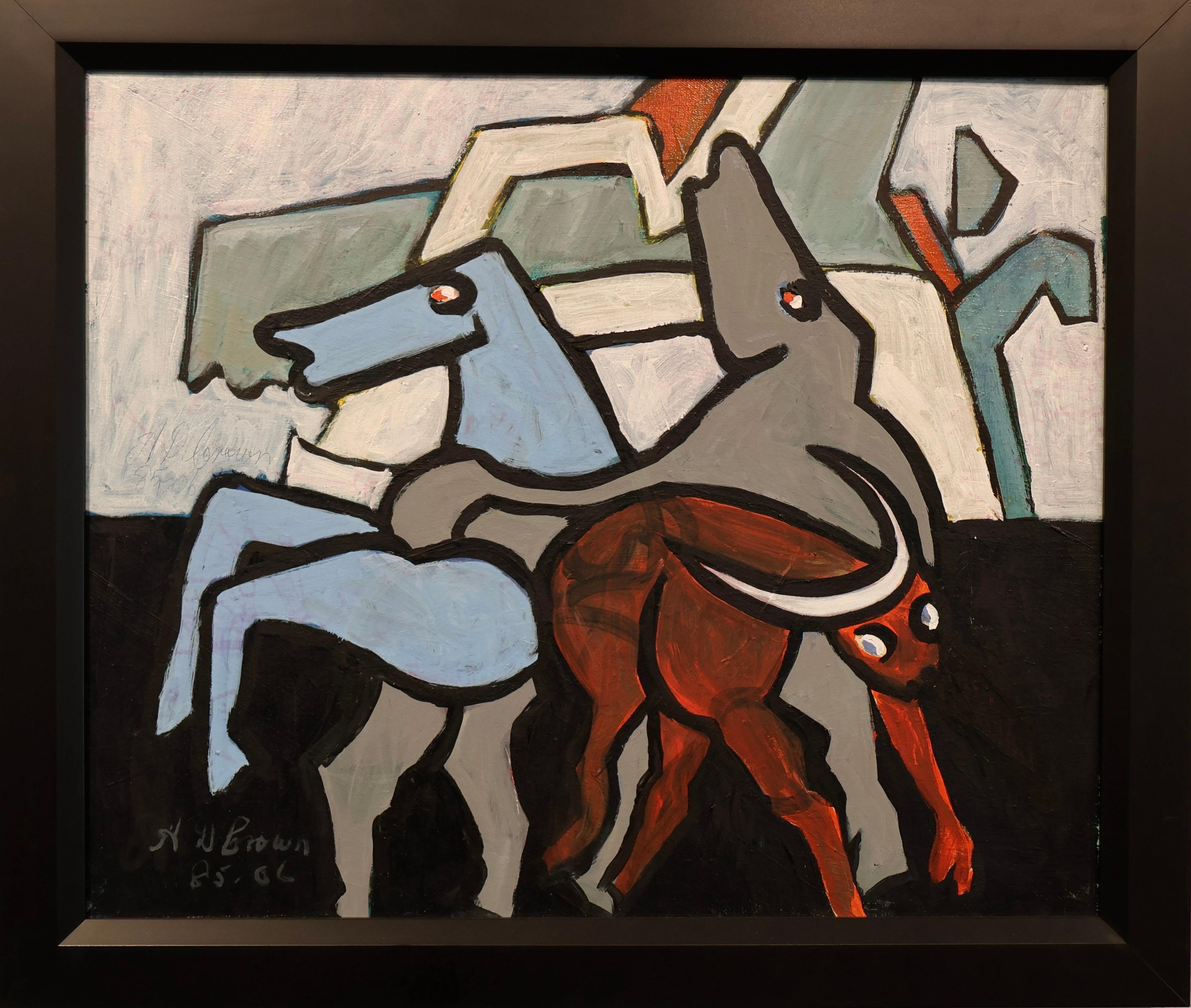 David Crown  Abstract Painting - Abstract Horses and Cow by David Crown, Oil on Canvas Painting, 1985