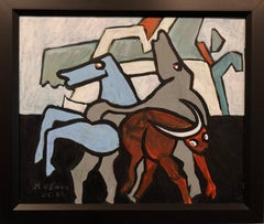 Abstract Horses and Cow by David Crown, Oil on Canvas Painting, 1985