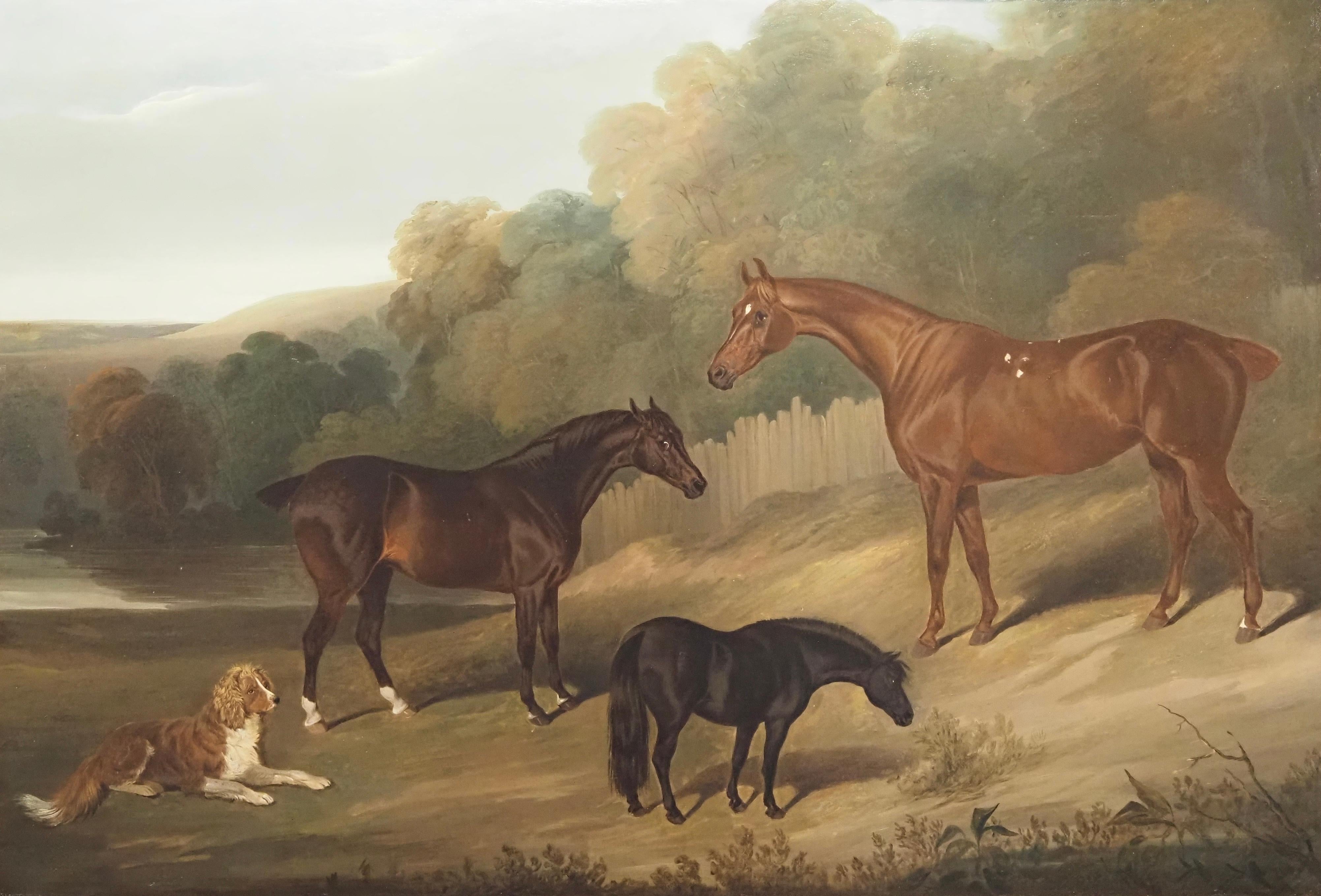 A dark bay hunter, a bay hunter, a black pony and a spaniel in a landscape - Painting by David Dalby