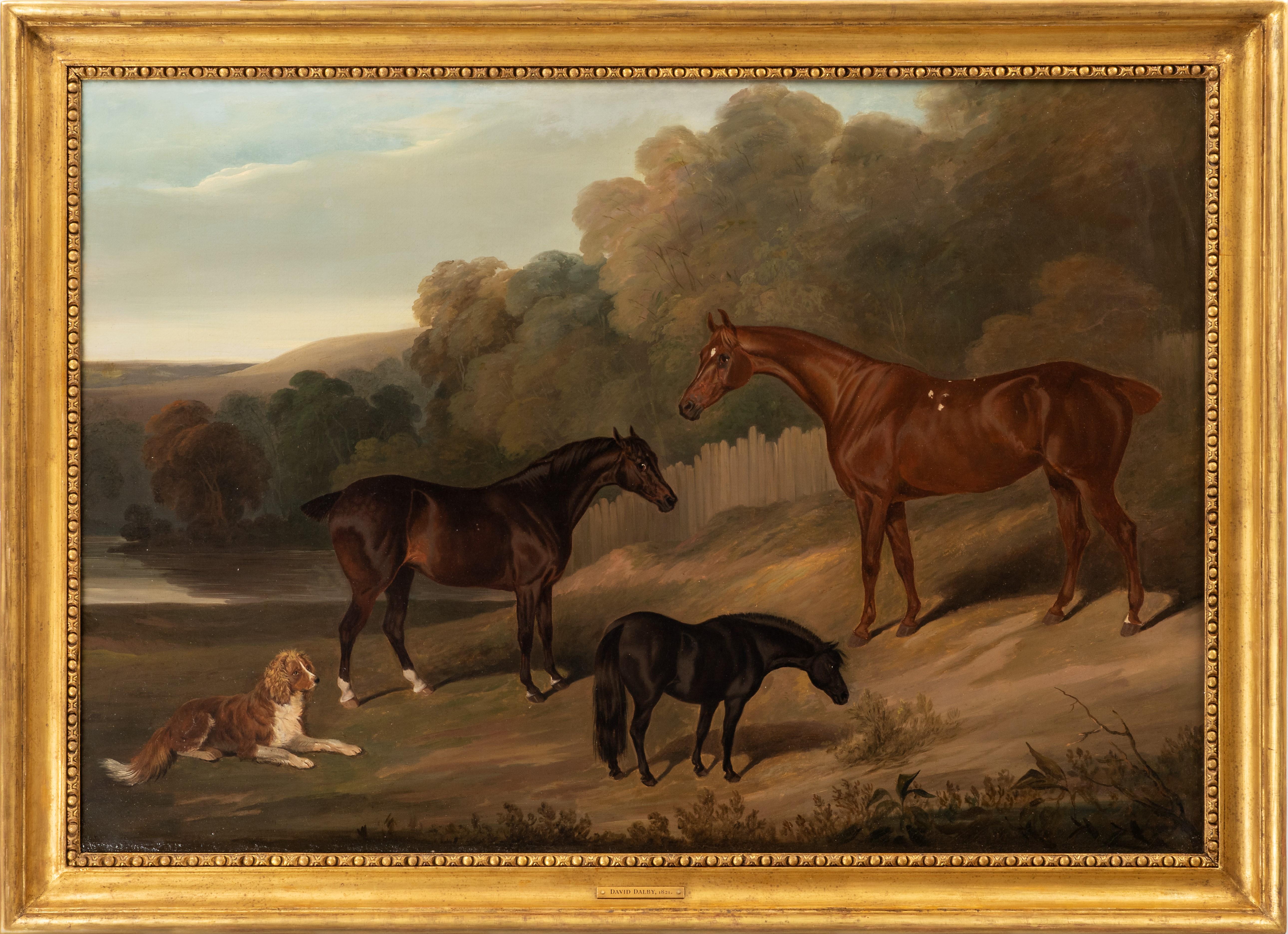 David Dalby Animal Painting - A dark bay hunter, a bay hunter, a black pony and a spaniel in a landscape