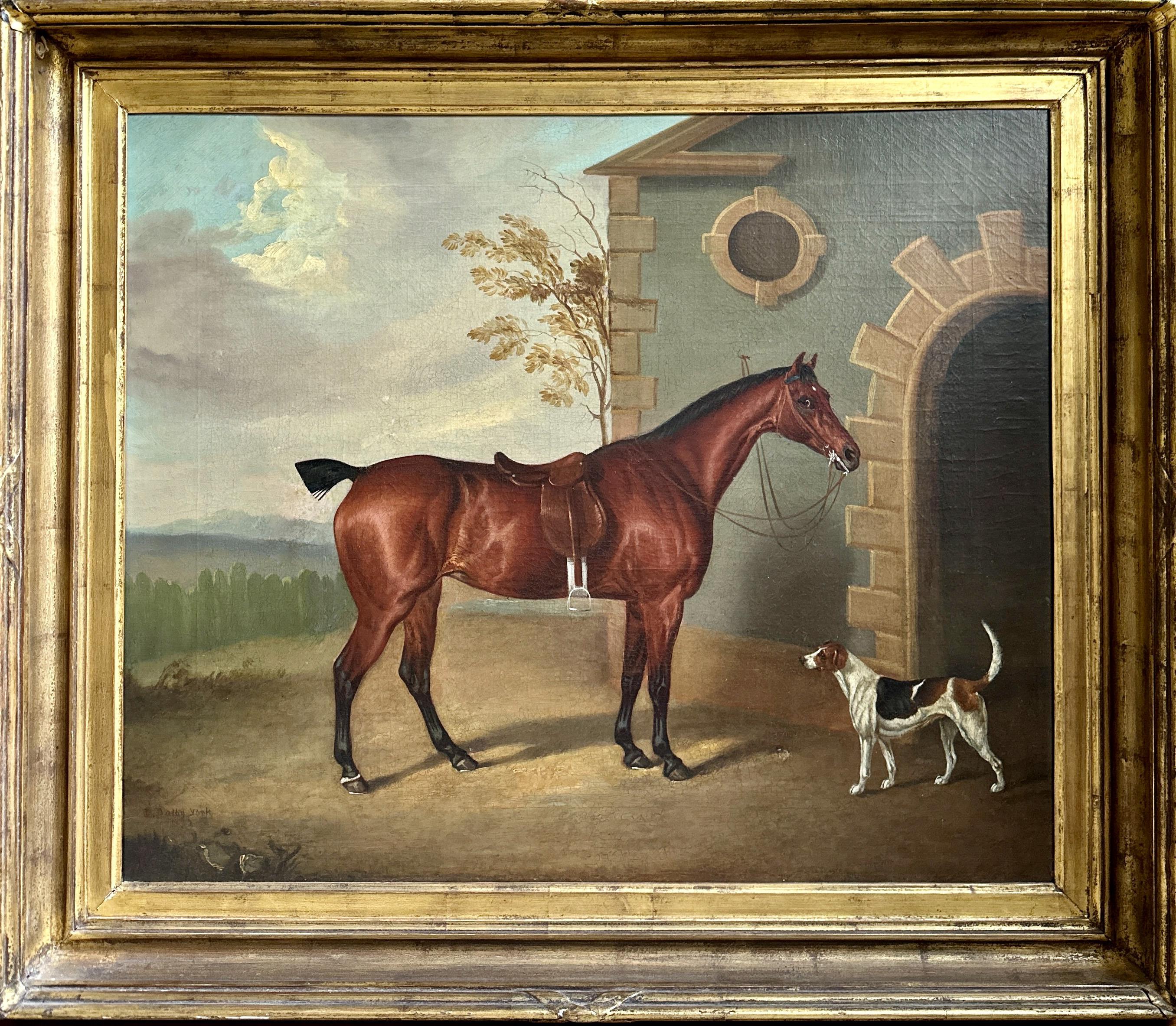 David Dalby of York Portrait Painting - 19th century painting of a Chestnut Hunter and a companion hound