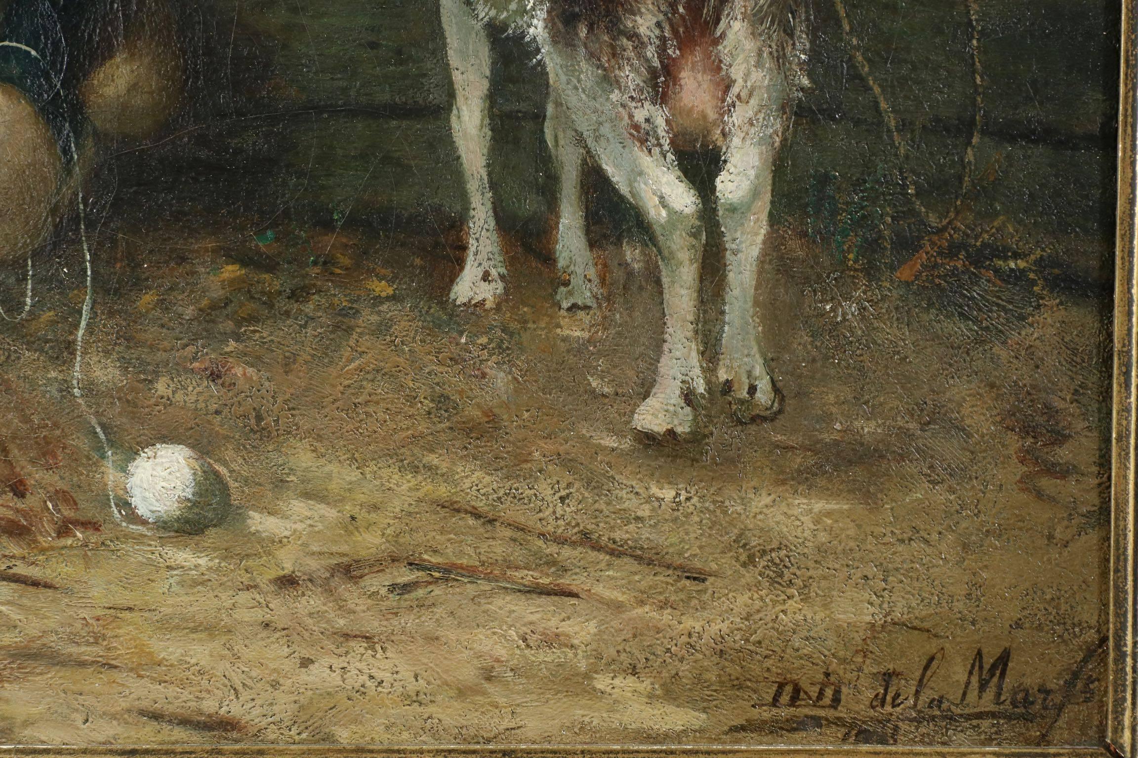 David de la Mar Dutch Barbizon Antique Painting of Girl Feeding Goats 1