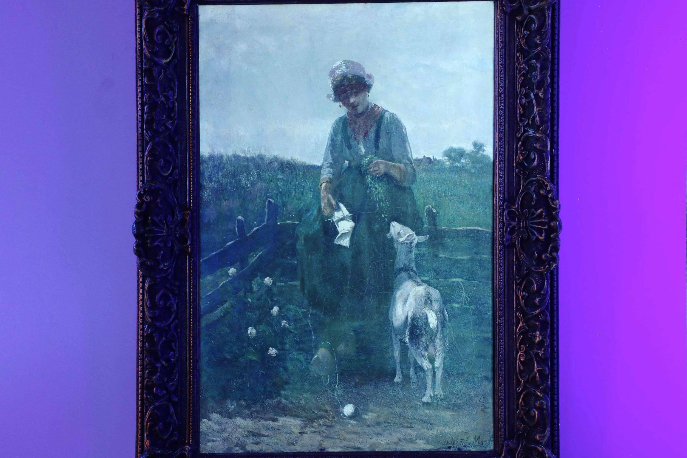 David de la Mar Dutch Barbizon Antique Painting of Girl Feeding Goats 3
