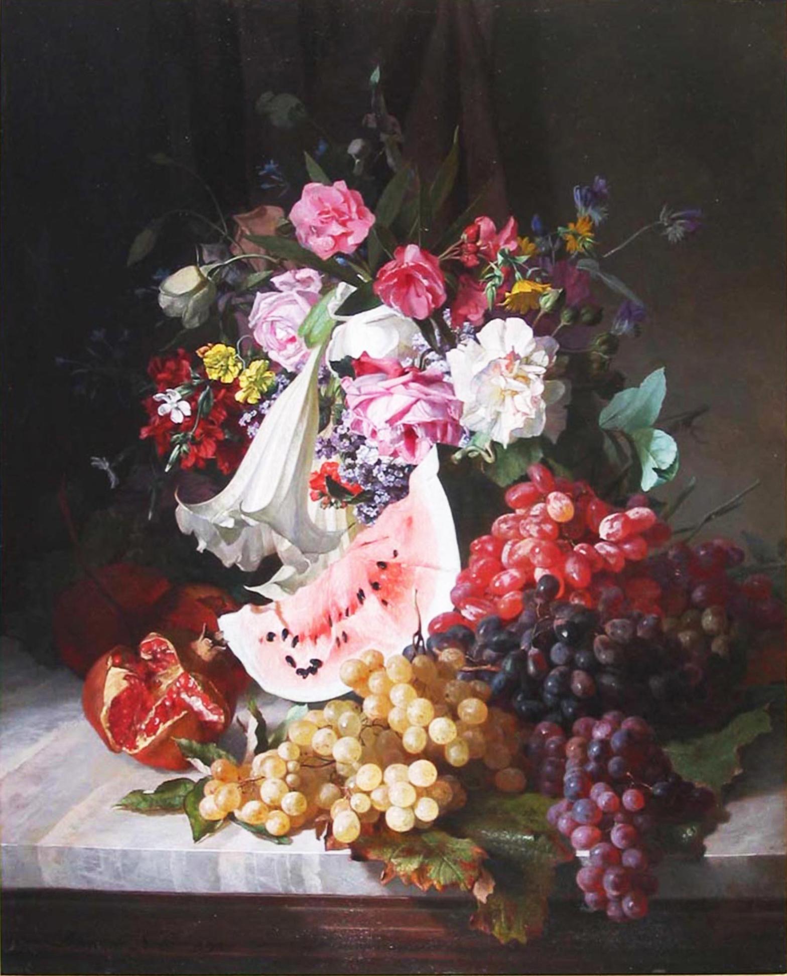 Still Life, Flowers and Fruit  - Academic Painting by David de Noter