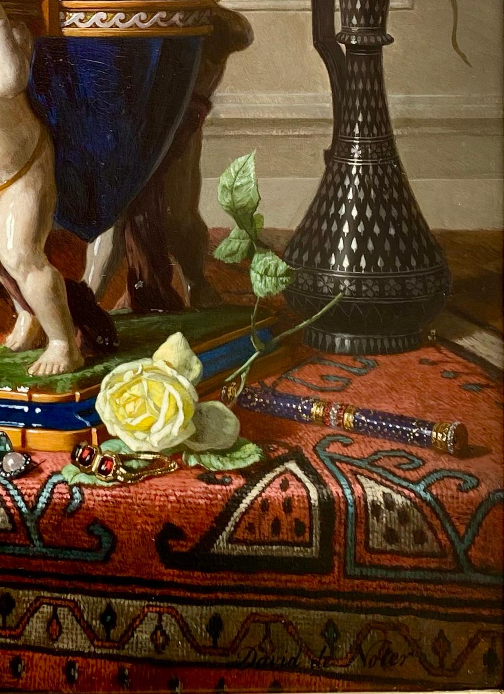 'Still Life with Flower Vase on a Table' by David De Noter (1818 – 1892) For Sale 5