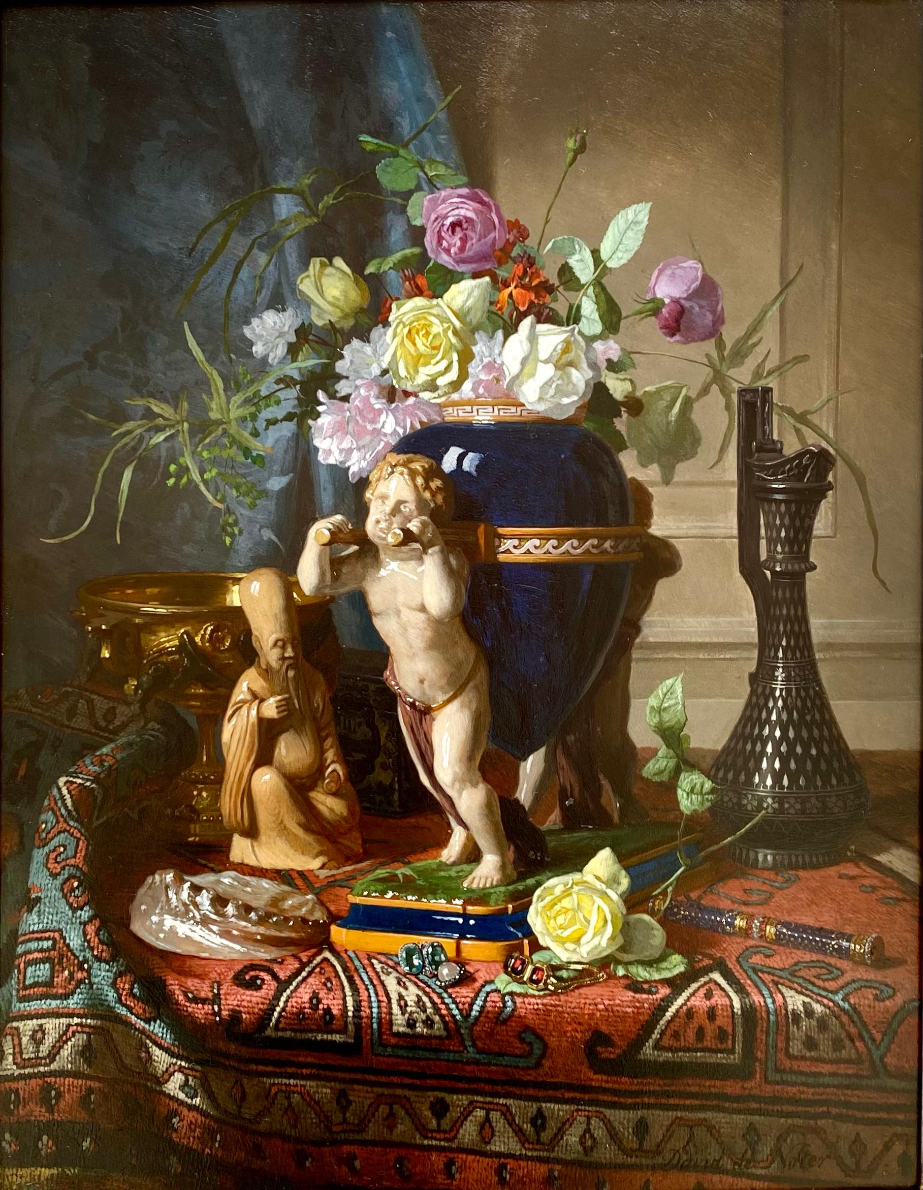 'Still Life with Flower Vase on a Table' by David De Noter (1818 – 1892) - Painting by David de Noter