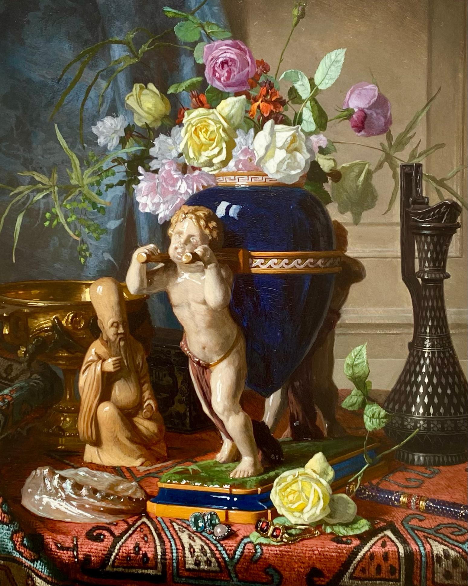 'Still Life with Flower Vase on a Table' by David De Noter (1818 – 1892) - Realist Painting by David de Noter