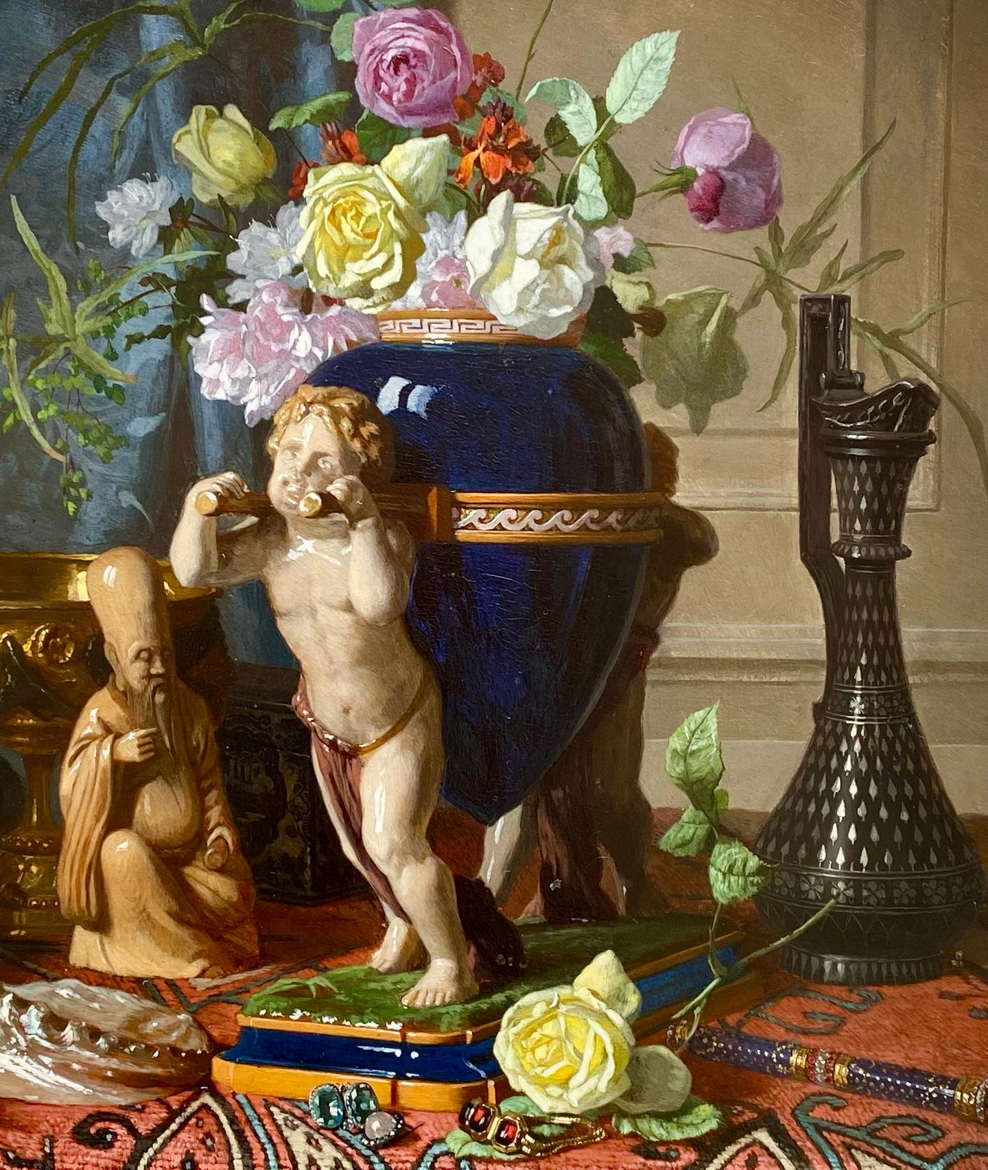 'Still Life with Flower Vase on a Table' by David De Noter (1818 – 1892) - Brown Still-Life Painting by David de Noter