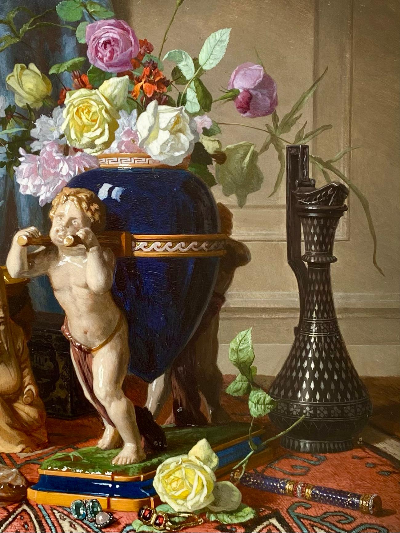 David De Noter
Ghent 1818 – 1892 Bologhine
Belgian Painter

'Still Life with a Lapis Lazuli Coloured Flower Vase on a Table'

Signature: signed lower right 'David De Noter'
Medium: oil on panel
Dimensions: image size 35 x 27 cm, frame size 41,5 x 34