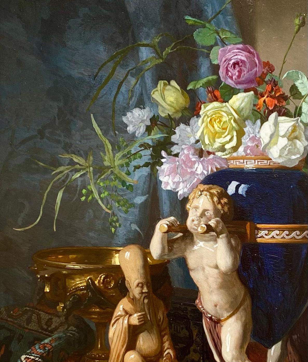 'Still Life with Flower Vase on a Table' by David De Noter (1818 – 1892) For Sale 3