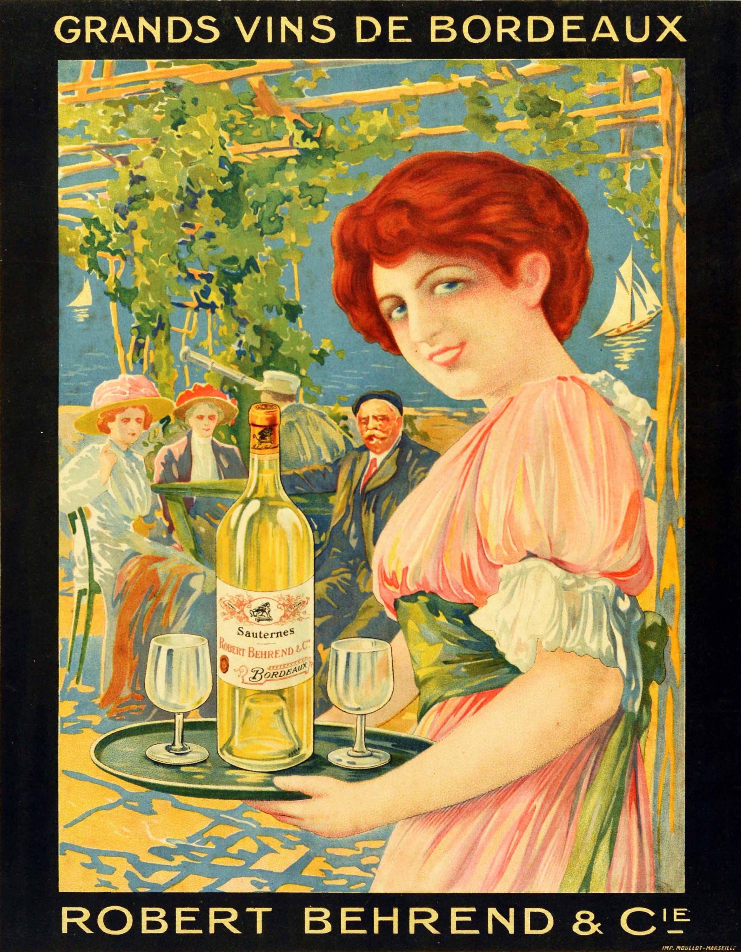 David Dellepiane Print - Original Antique Drink Poster Grand Vins De Bordeaux French Wine Sailing Boats