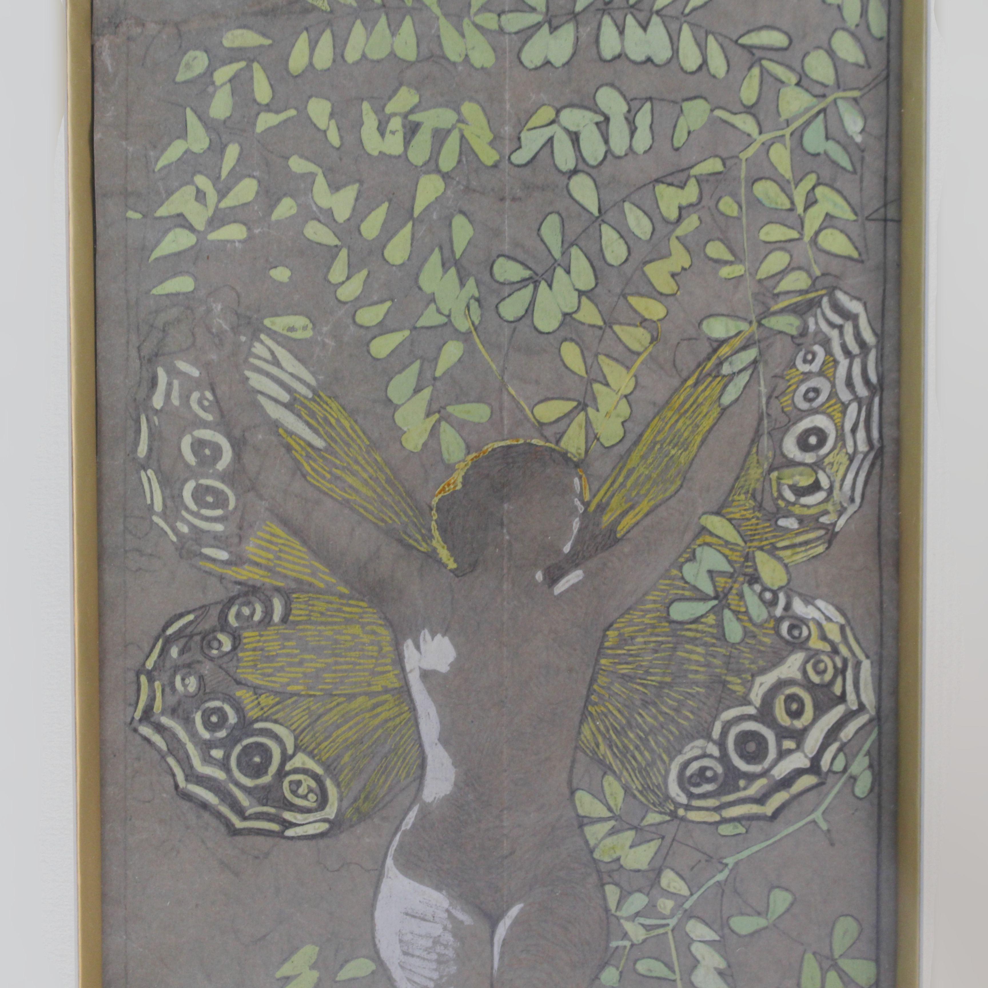 An Art Nouveau picture of a butterfly woman rising up. Pencil and gouache on paper. Signed with monogram to bottom left.

Artist: David Dellepiane (1866-1932).

David Dellepiane was born in Genoa Italy. He became a successful artist at an early