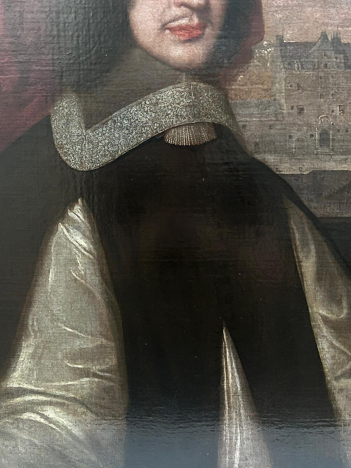 Portrait of Thomas Collard (rector of Withycombe, Somerset 1670-1691)
the city depicted in the distance is thought to be Antwerp. 
the portrait historically has been thought to be from the circle of David des Granges (British/ French