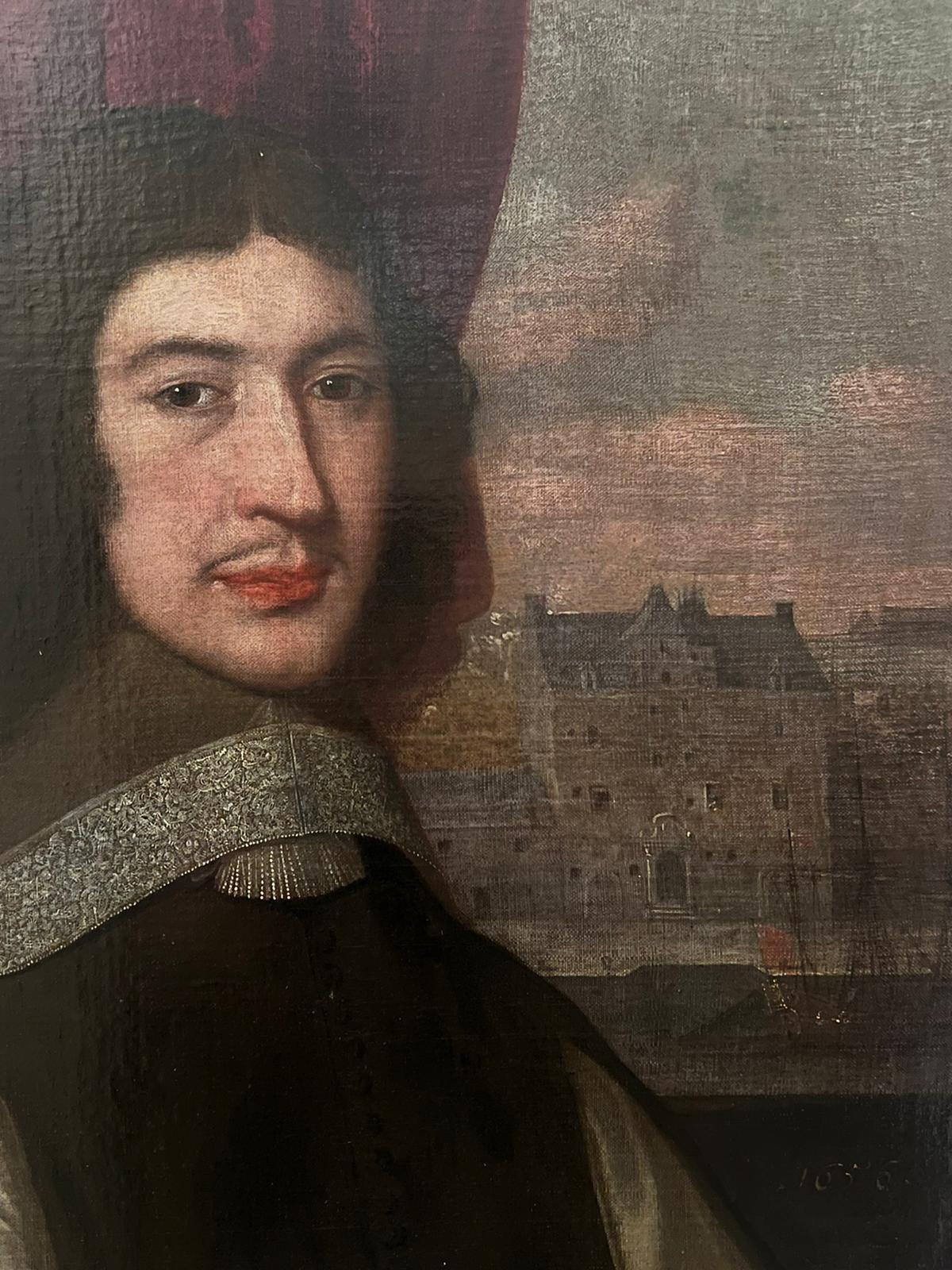 Mitte des 17. Jahrhunderts britisches Altmeister-Ölgemälde Porträt eines Mannes in einer flämischen Stadt im Angebot 2