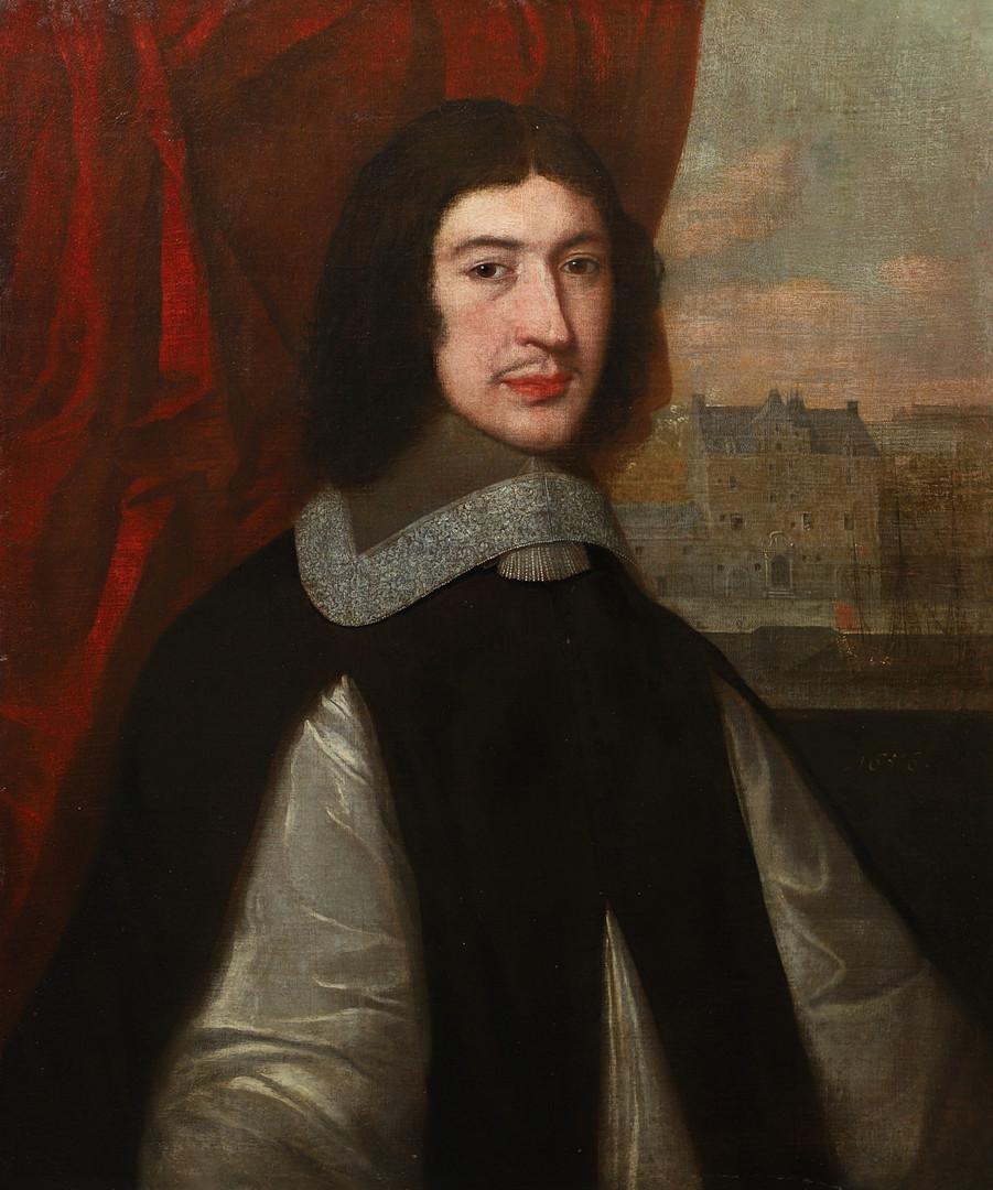 Peinture à l'huile de maître ancien britannique du milieu du XVIIe siècle Portrait d'un homme dans une ville Flemish