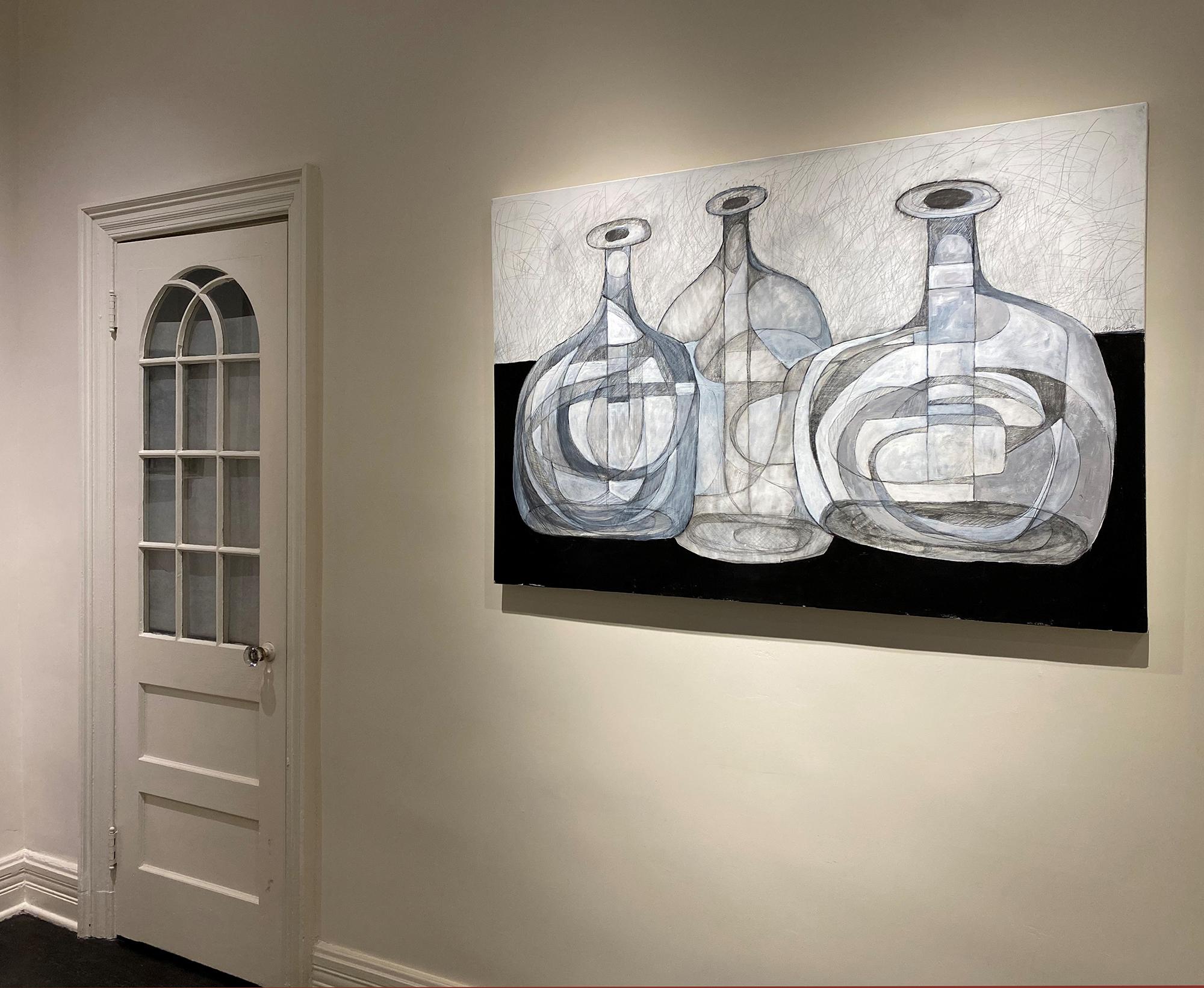 Morandi Bottle 41 (Geometric, Abstract Still Life of Bottles in Black and White) - Contemporary Painting by David Dew Bruner