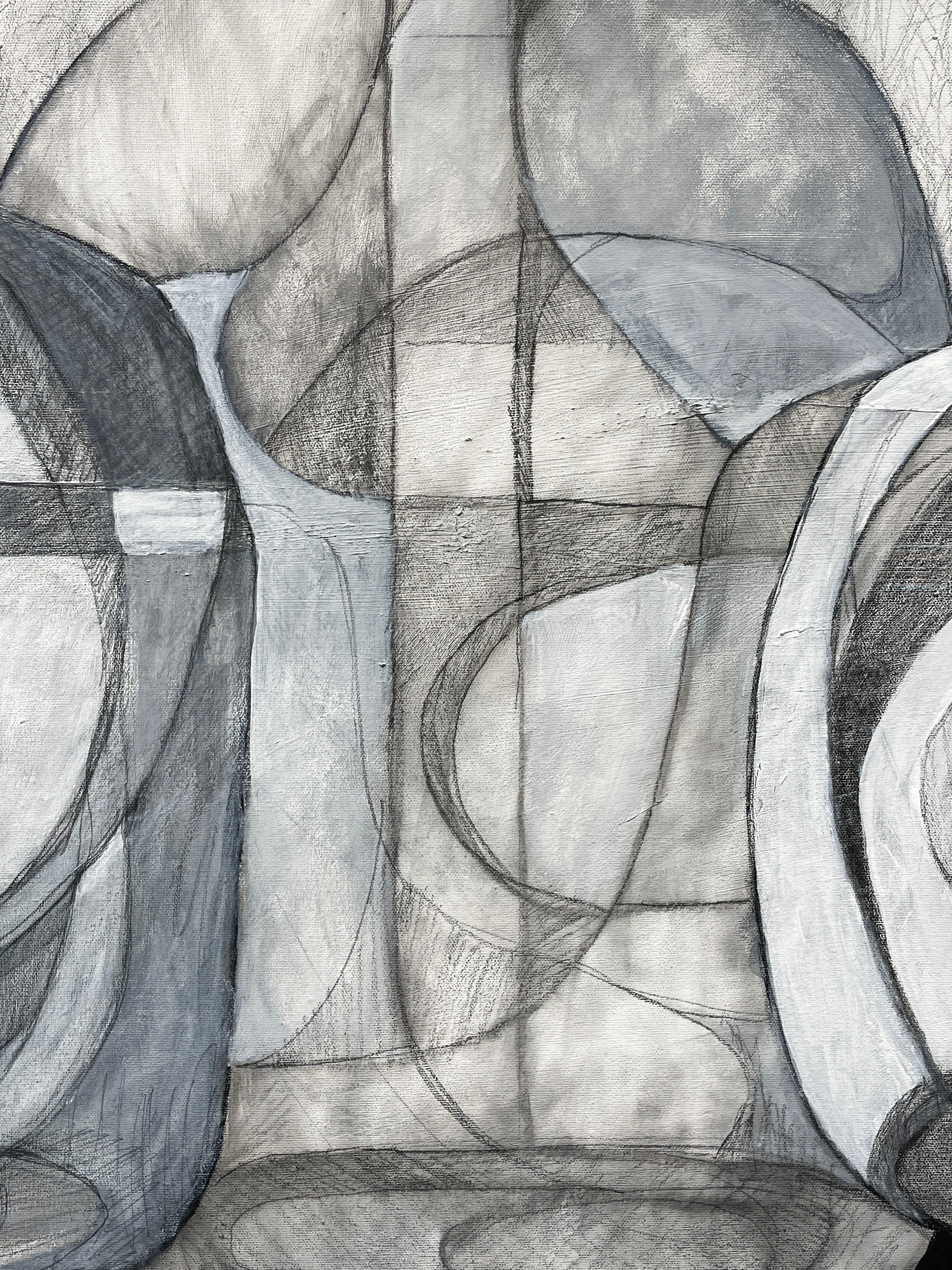 Mixed media still life of black and white bottles inspired by Giorgio Morandi still life paintings 
Morandi Bottle 41 (Geometric, Abstract Still Life of Bottles in Black and White) by David Dew Bruner
2025 
graphite, charcoal and acrylic on