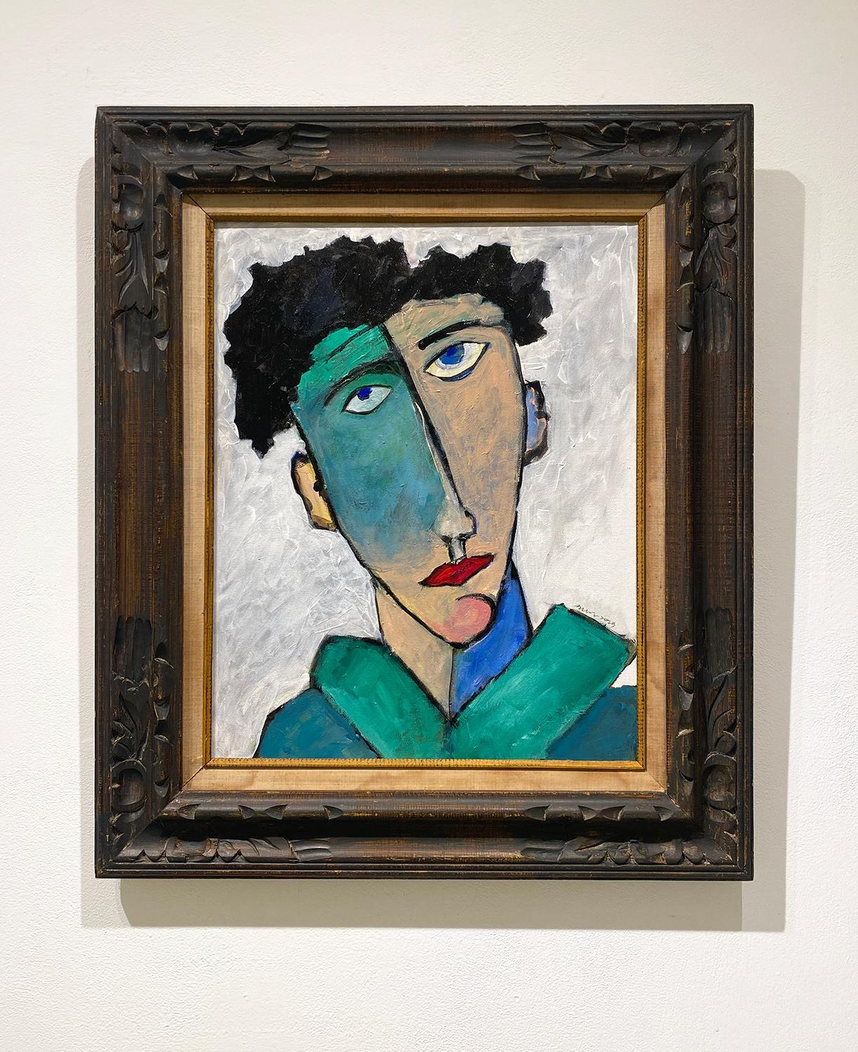 Porträt III (Fauvistisch, Modigliani inspiriertes, abstraktes Porträt in antikem Rahmen) – Painting von David Dew Bruner