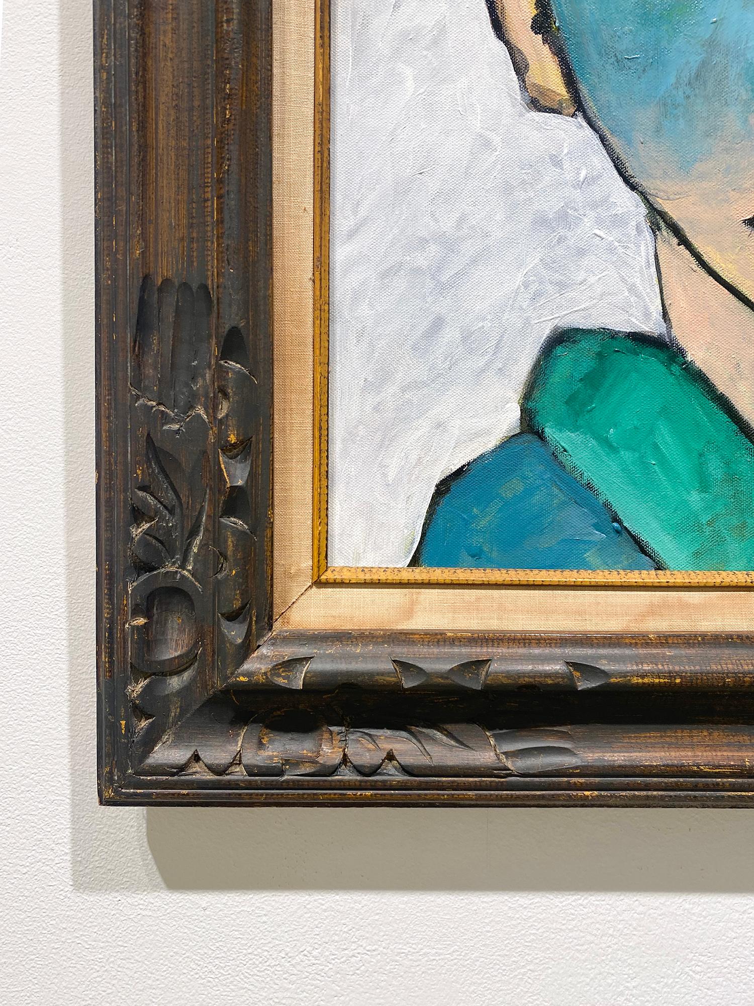 Porträt III (Fauvistisch, Modigliani inspiriertes, abstraktes Porträt in antikem Rahmen) (Schwarz), Portrait Painting, von David Dew Bruner