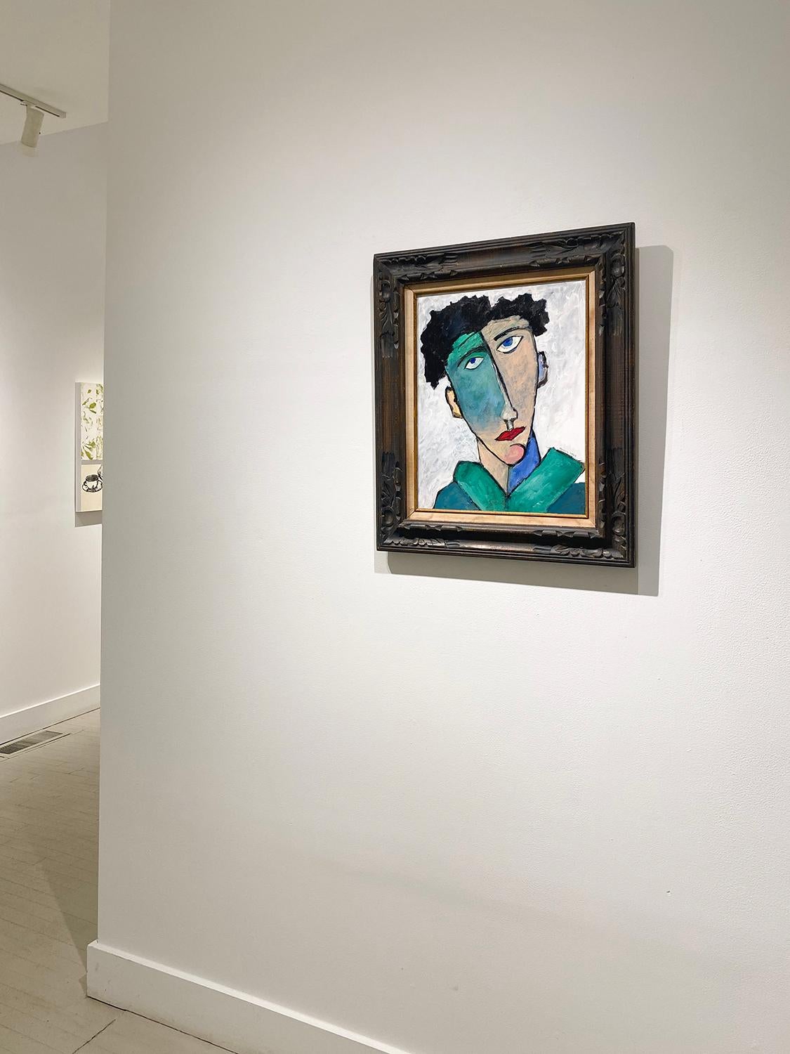 Abstraktes Porträt eines Mannes im Stil des Fauvismus, inspiriert von Modigliani, in einem dunkelbraunen Rahmen aus antikem Holz mit Leineneinlage 
