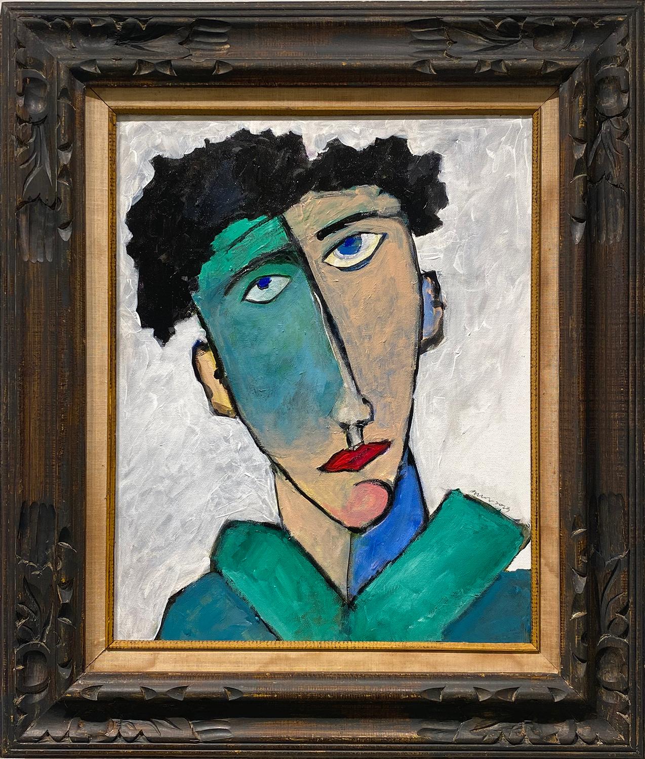 David Dew Bruner Portrait Painting - Portrait III (Fauvist, Modigliani Inspired Abstract Portrait in Antique Frame)