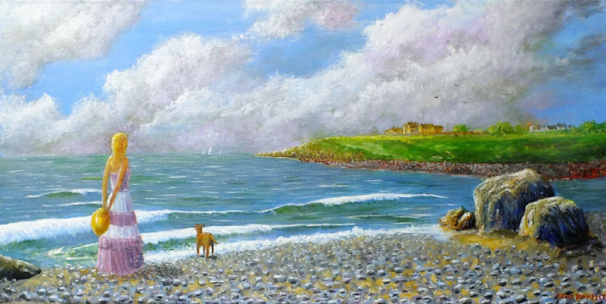 Lady and dog on Beach in Balbriggan, Ireland :: Painting :: Contemporary :: This piece comes with an official certificate of authenticity signed by the artist :: Ready to Hang: Yes :: Signed: Yes :: Signature Location: bottom right :: Canvas ::