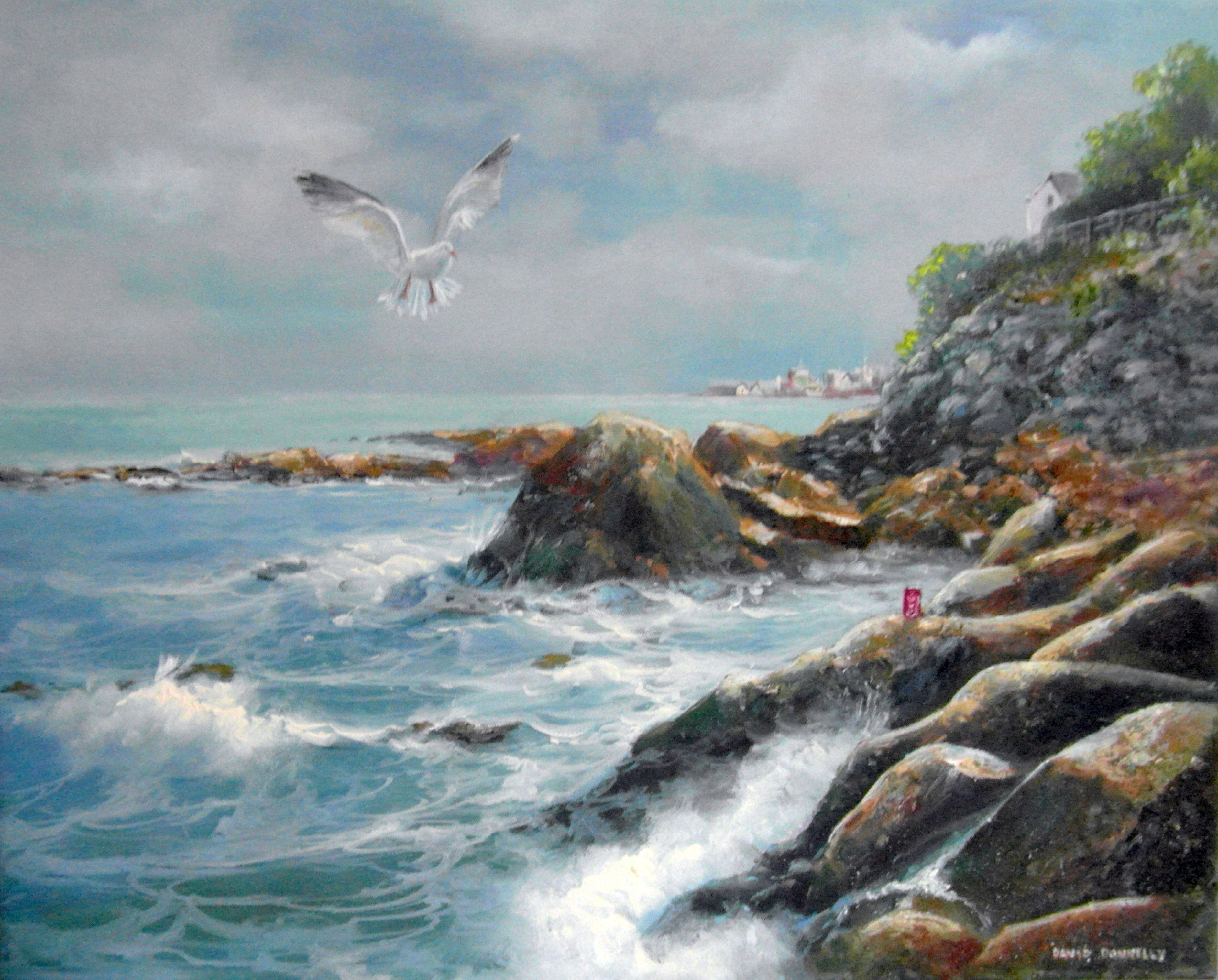 Seagull an CoCola in der Nähe von Skerries, Irland, Gemälde, Acryl auf Leinwand – Painting von David Donnelly