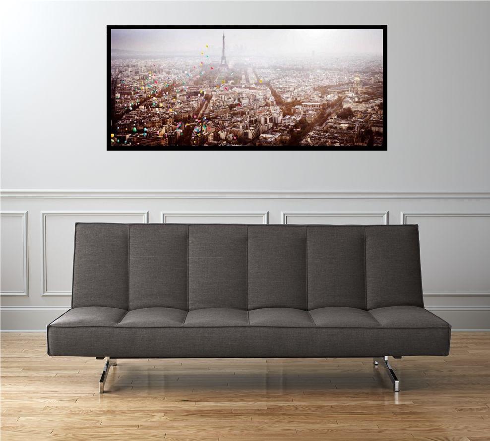 Panorama sized picture with the Eiffel Tower. Colorful balloons (red, orange, turquoise, pink) in the foreground. Limited edition piece. High-end framing on request. 

From New York, Miami, and Jerusalem to Istanbul, Berlin, and all the way to Tel