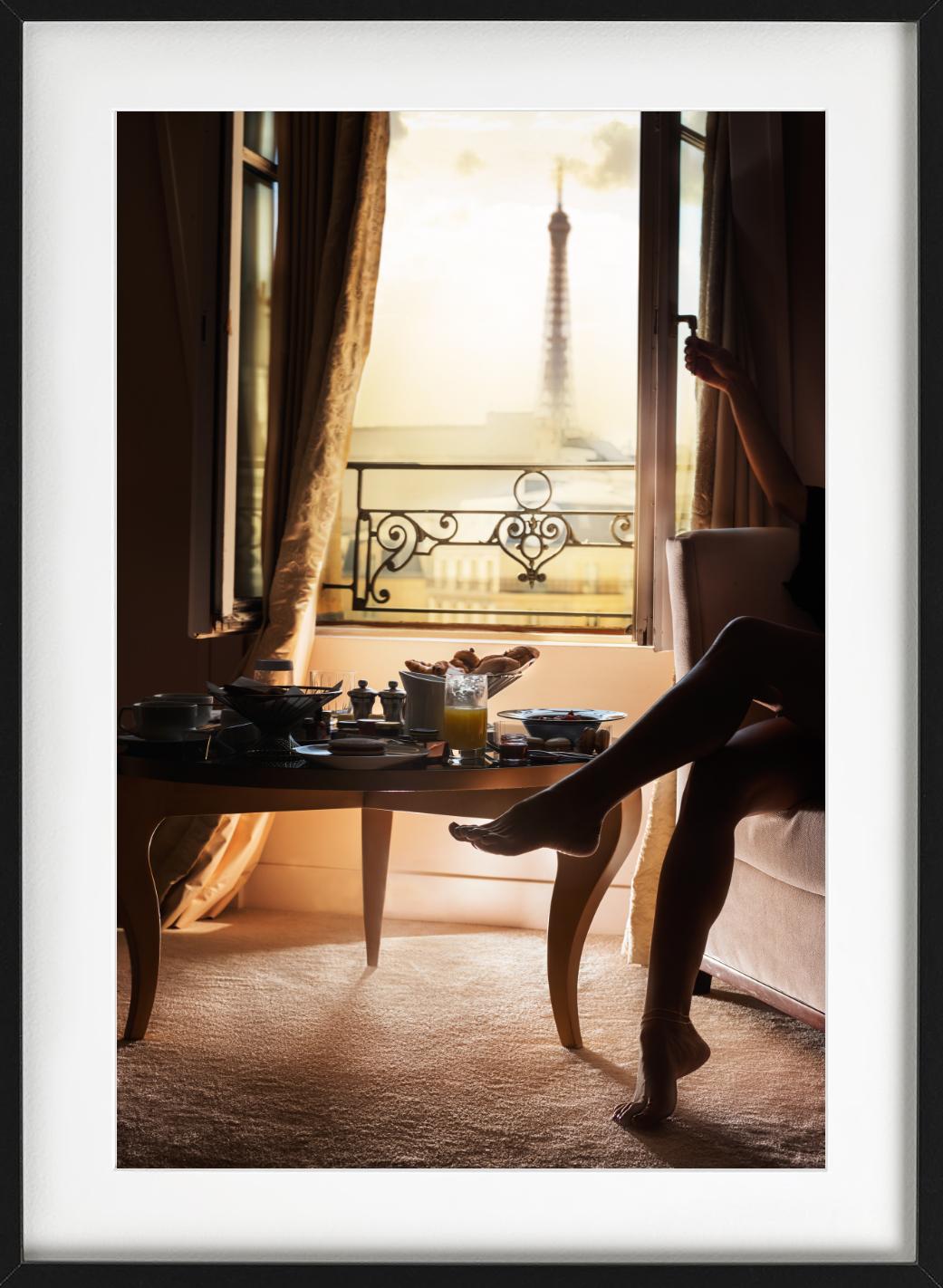 Breakfast in Paris, Balkony View of the Eiffel Tower, Fine Art Photography, 2025 - Black Landscape Photograph by David Drebin