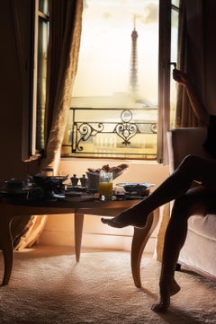 Used Breakfast in Paris, Balkony View of the Eiffel Tower, Fine Art Photography, 2025