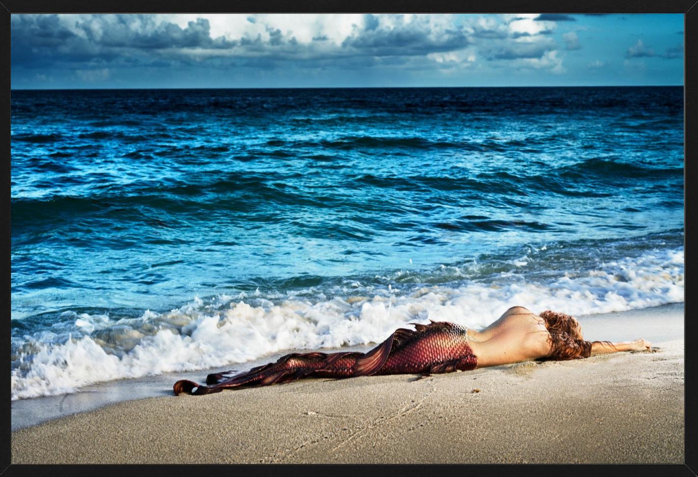 Mermaid in Paradise - Mermaid lying on the beach, fine art photography, 2014 - Blue Figurative Photograph by David Drebin