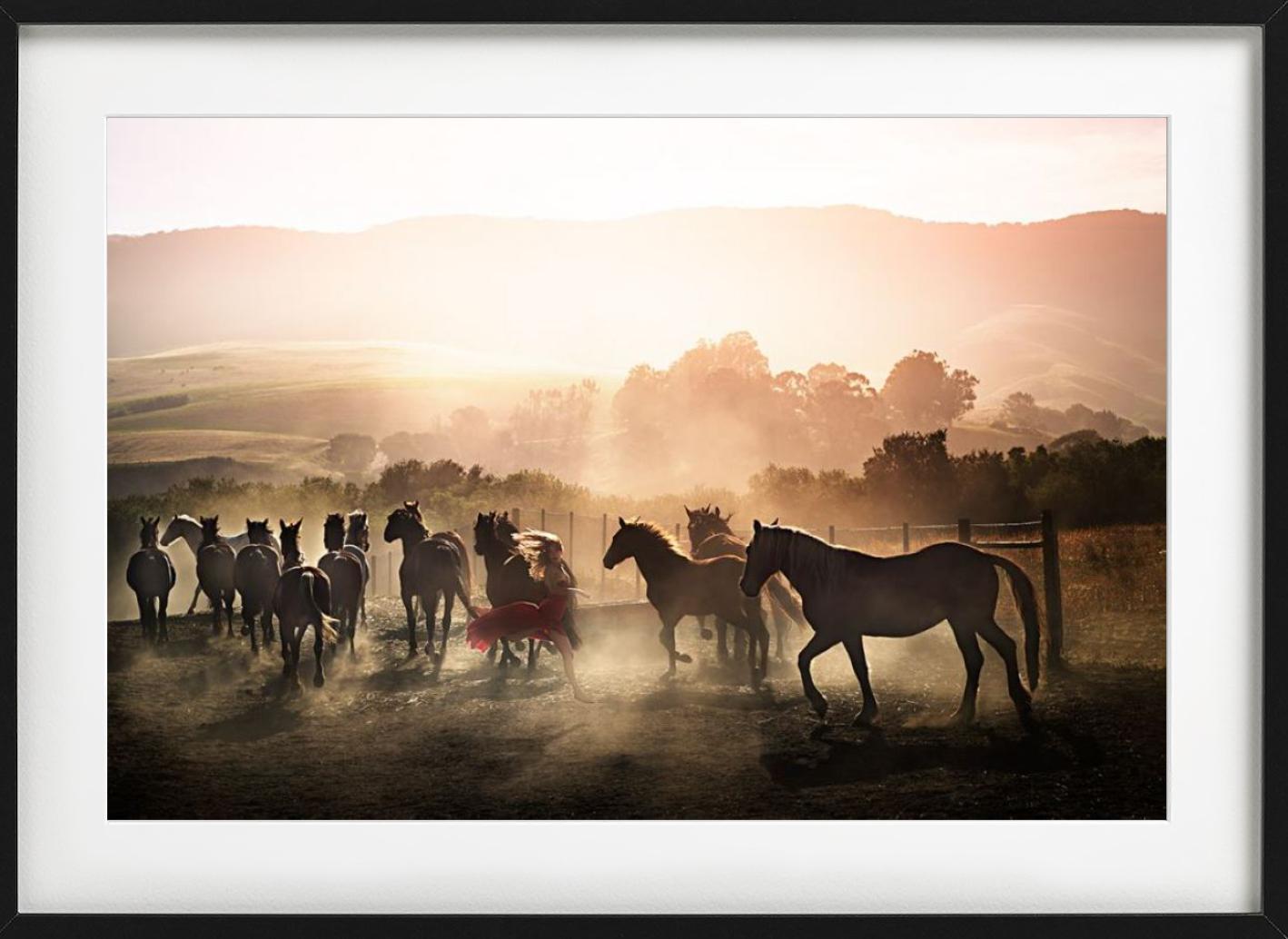 Running Wild - Woman in Red Running Between Horses, photographie d'art, 2014 - Photograph de David Drebin