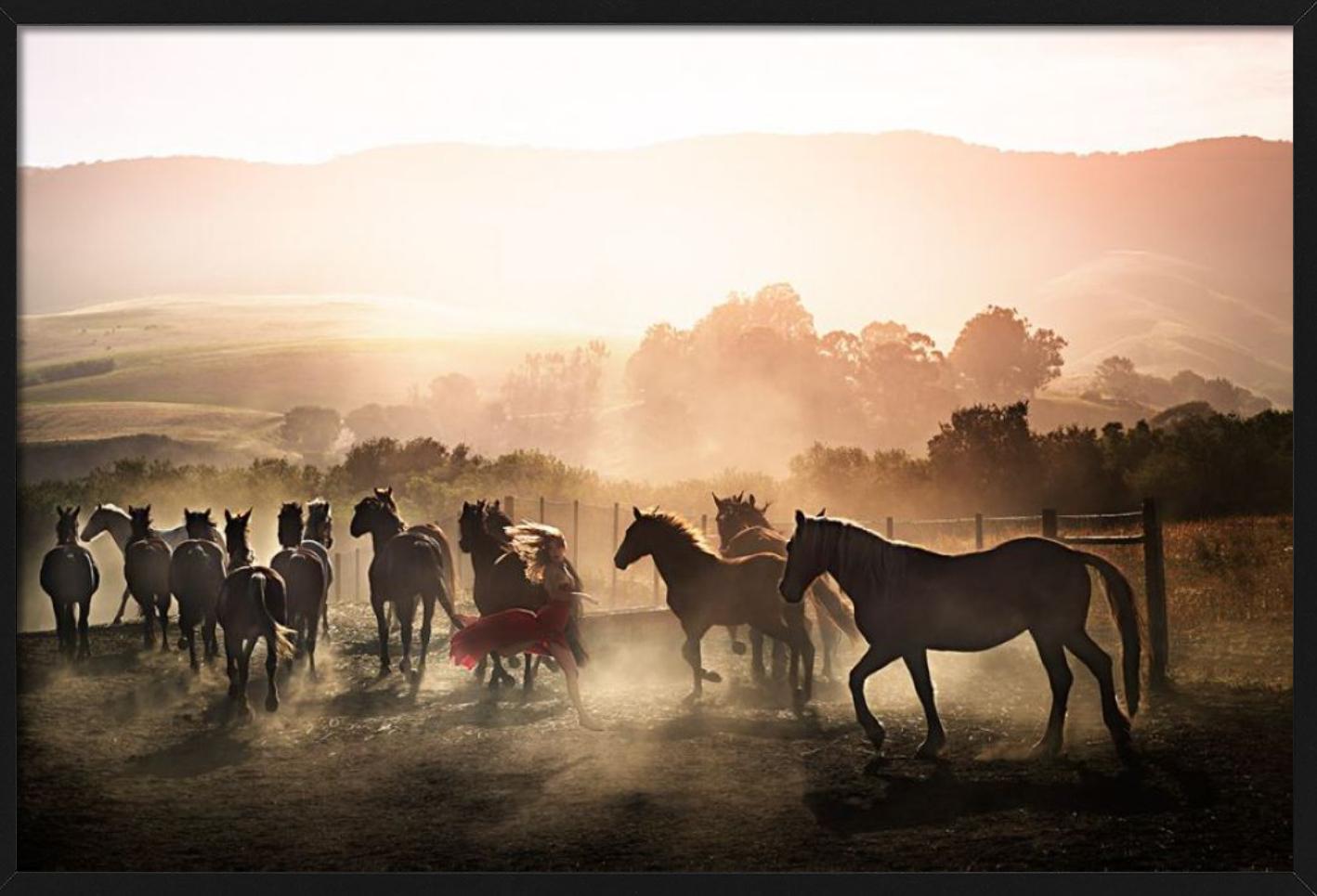 Running Wild - Woman in Red Running Between Horses, photographie d'art, 2014 en vente 2