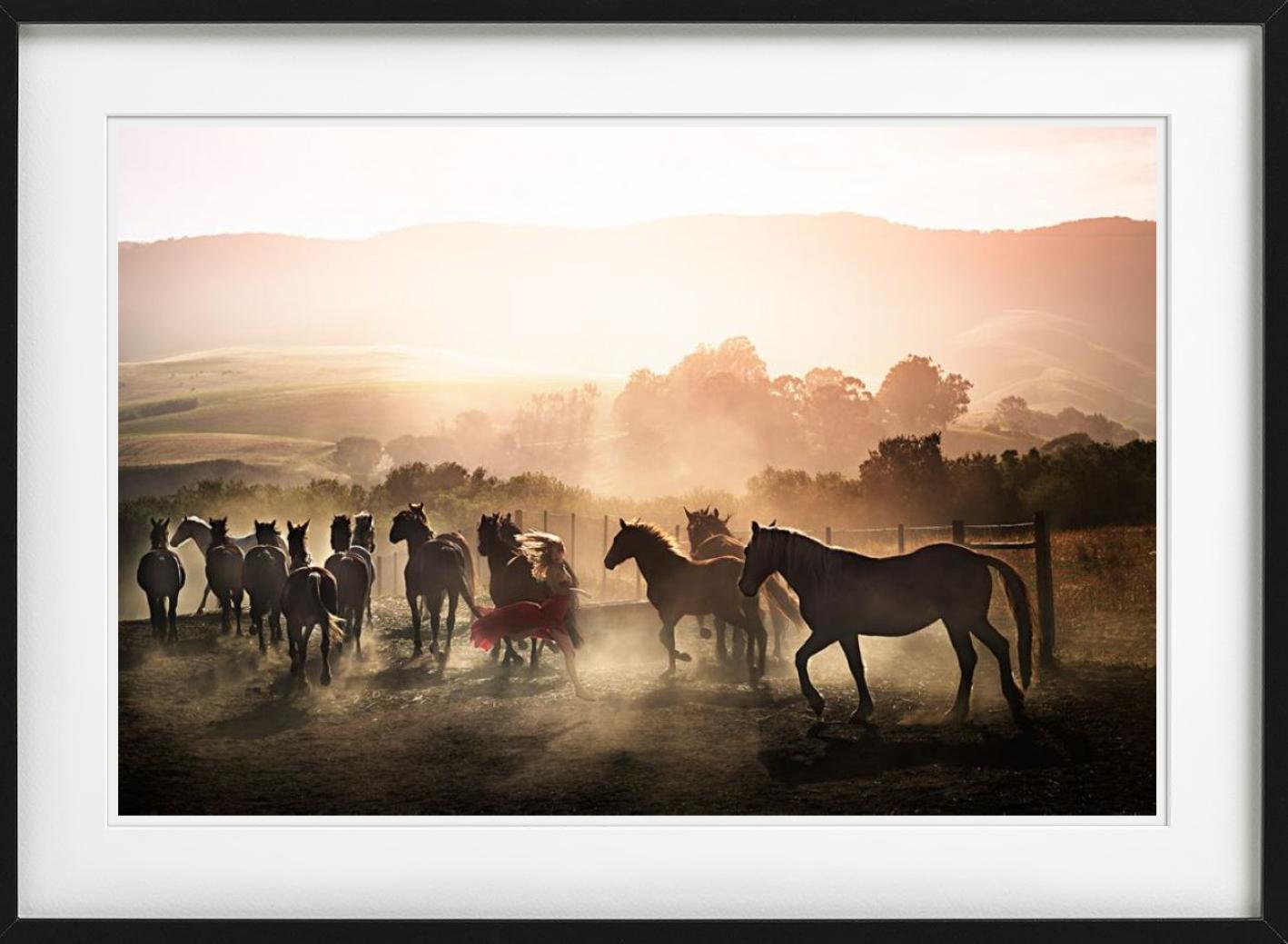 Running Wild - Woman in Red Running Between Horses, photographie d'art, 2014 en vente 3