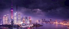 Shanghai Love, vista panoramica viola della città e del lago, fotografia d'autore 2015