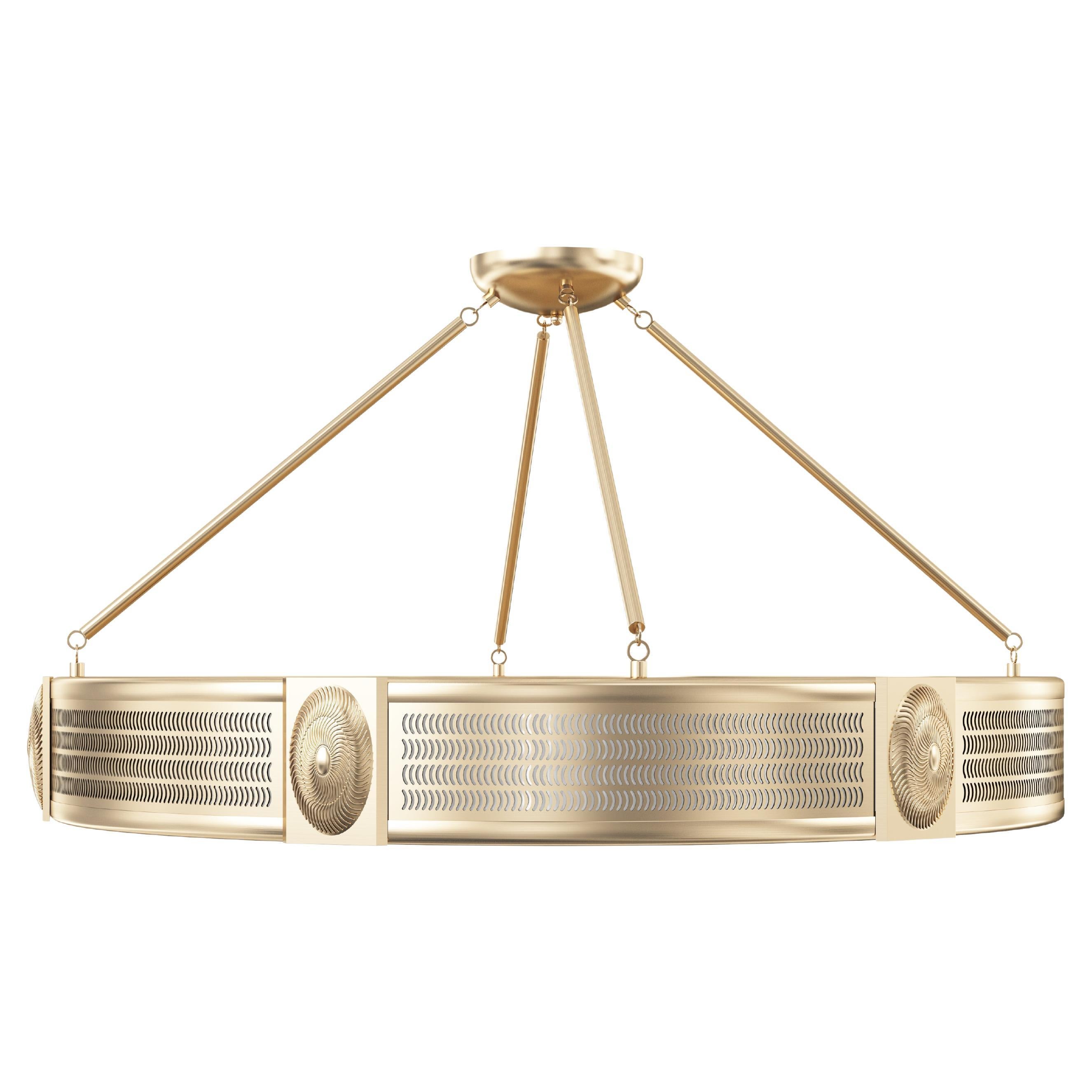 A new, contemporary pendant ceiling light with comma-shaped cutouts emitting light through opal lucite diffusers on the sides. The underside with optical Tourbillon Swirl design in etched brass over lucite. Secured with brass finial concealing 10