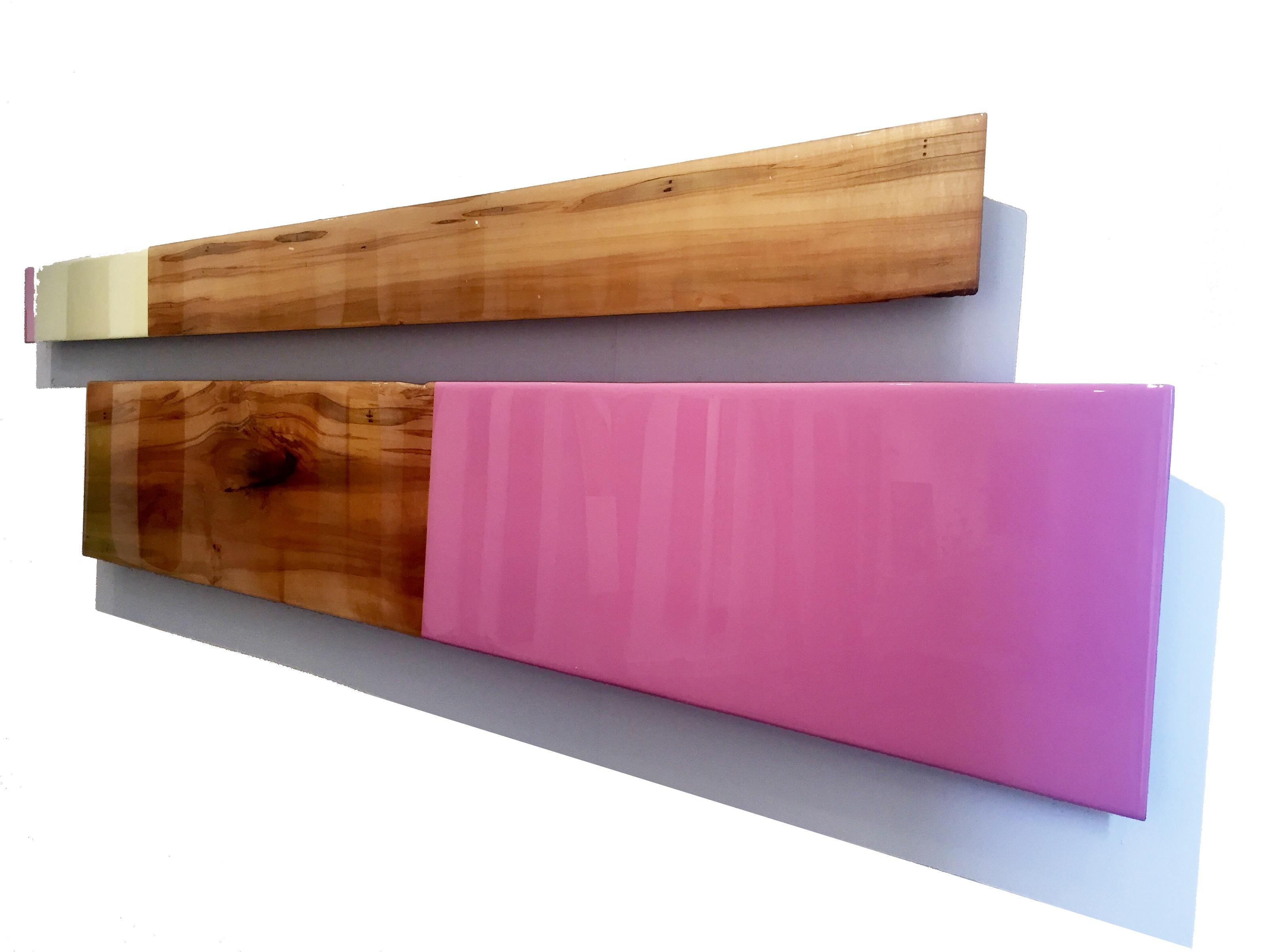 Abstract Painting de David E. Peterson - Leaner Set 2643, Escultura mural contemporánea de madera rosa pastel, díptico