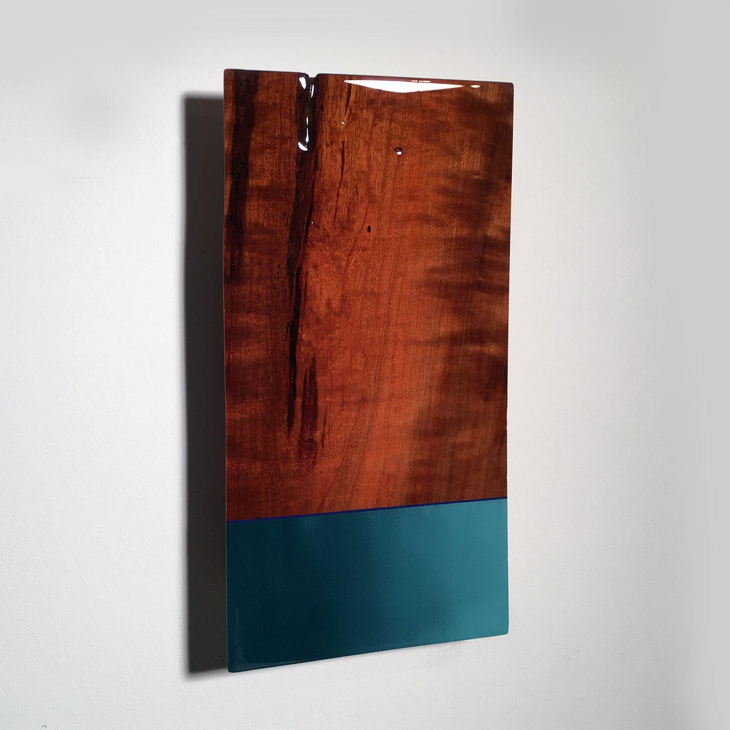 Mini Leaner #6, Contemporary Painted Blue Design Wall Sculpture with Exotic Wood - Brown Abstract Sculpture by David E. Peterson