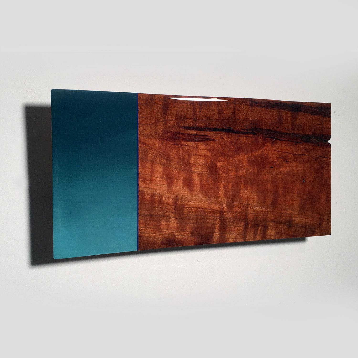 David E. Peterson Abstract Sculpture - Mini Leaner #6, Contemporary Painted Blue Design Wall Sculpture with Exotic Wood