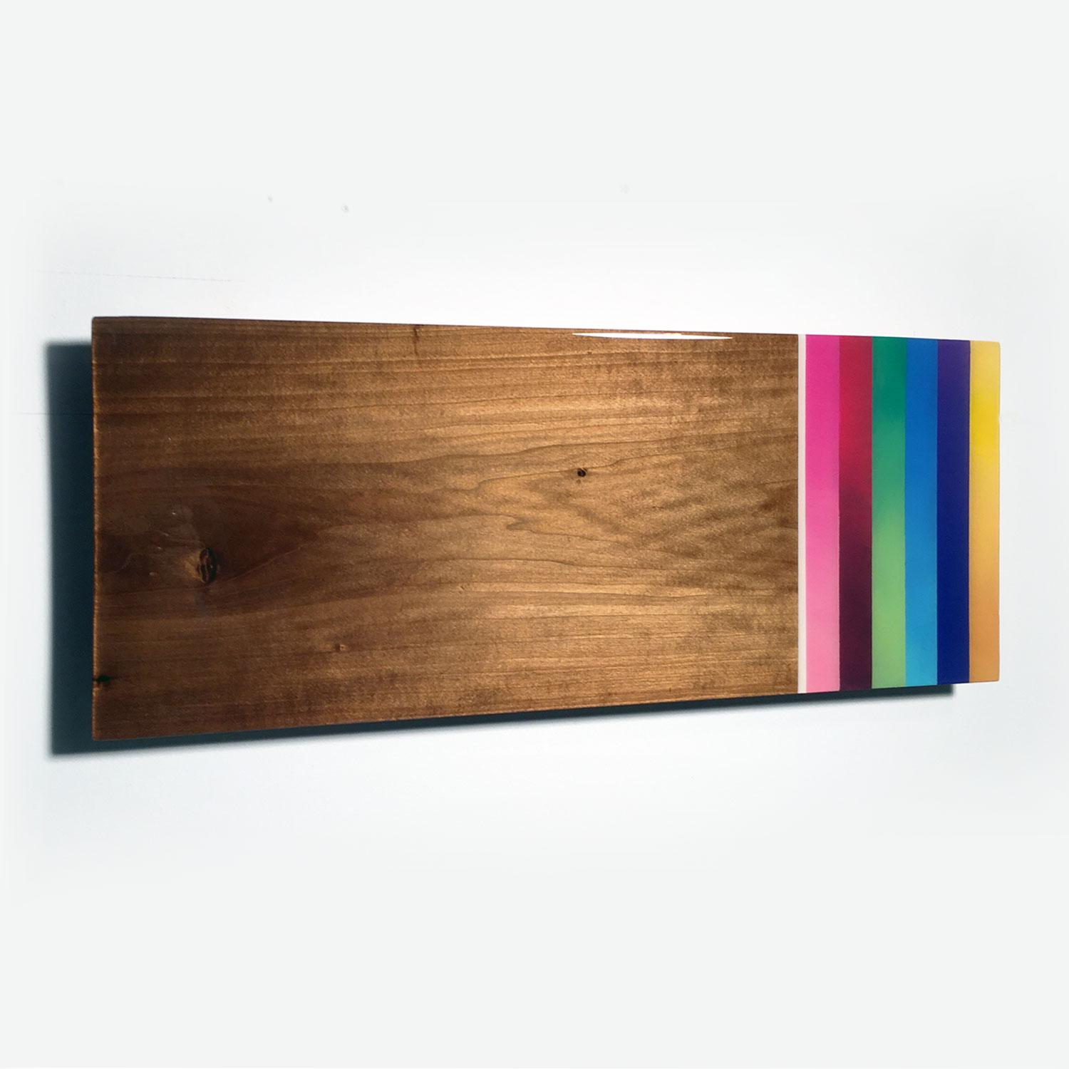 Mini Leaner #7, Contemporary Painted Rainbow Wall Sculpture, Shiny Exotic Wood