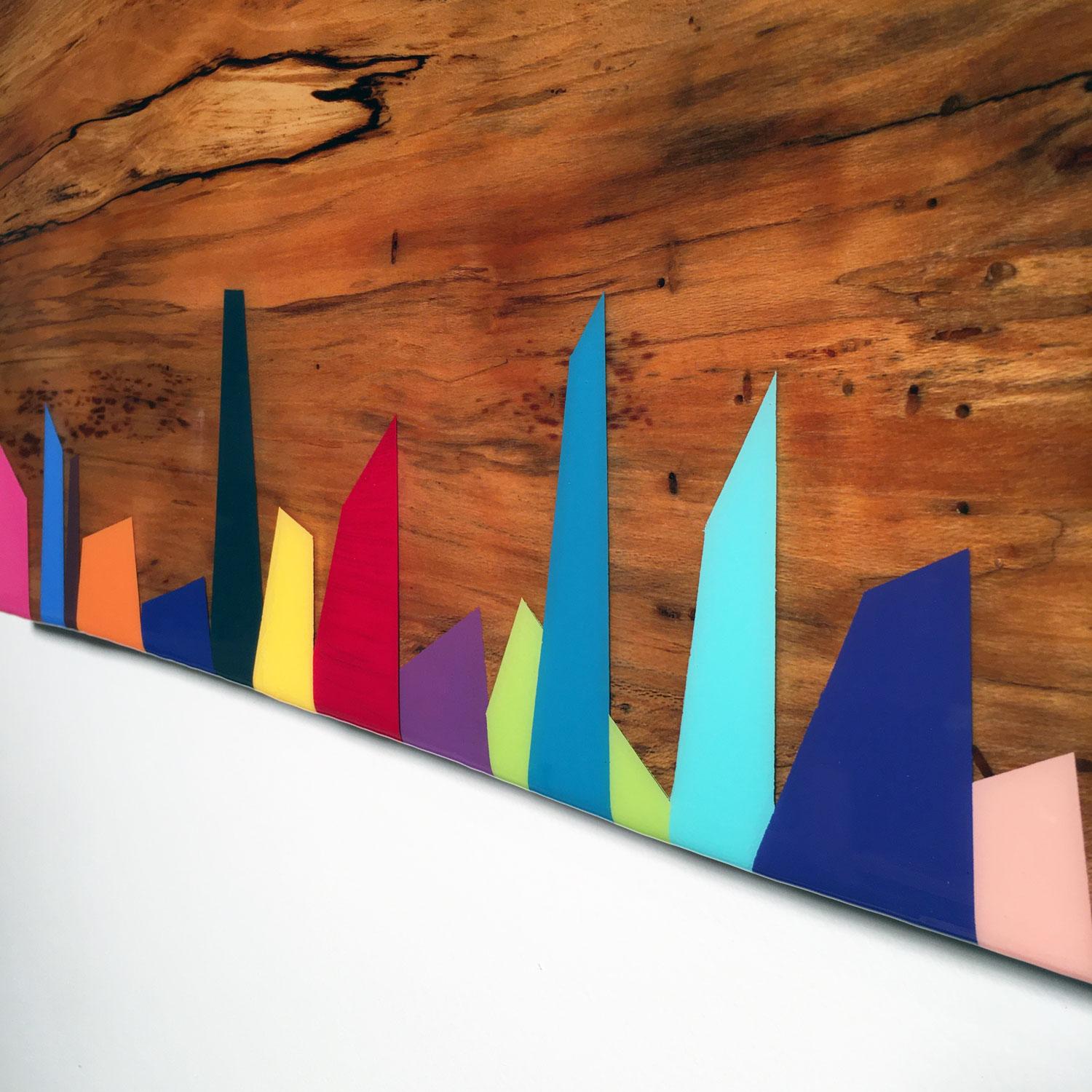 Mini Leaner #8, Contemporary Painted Rainbow Wall Sculpture, Shiny Exotic Wood 4