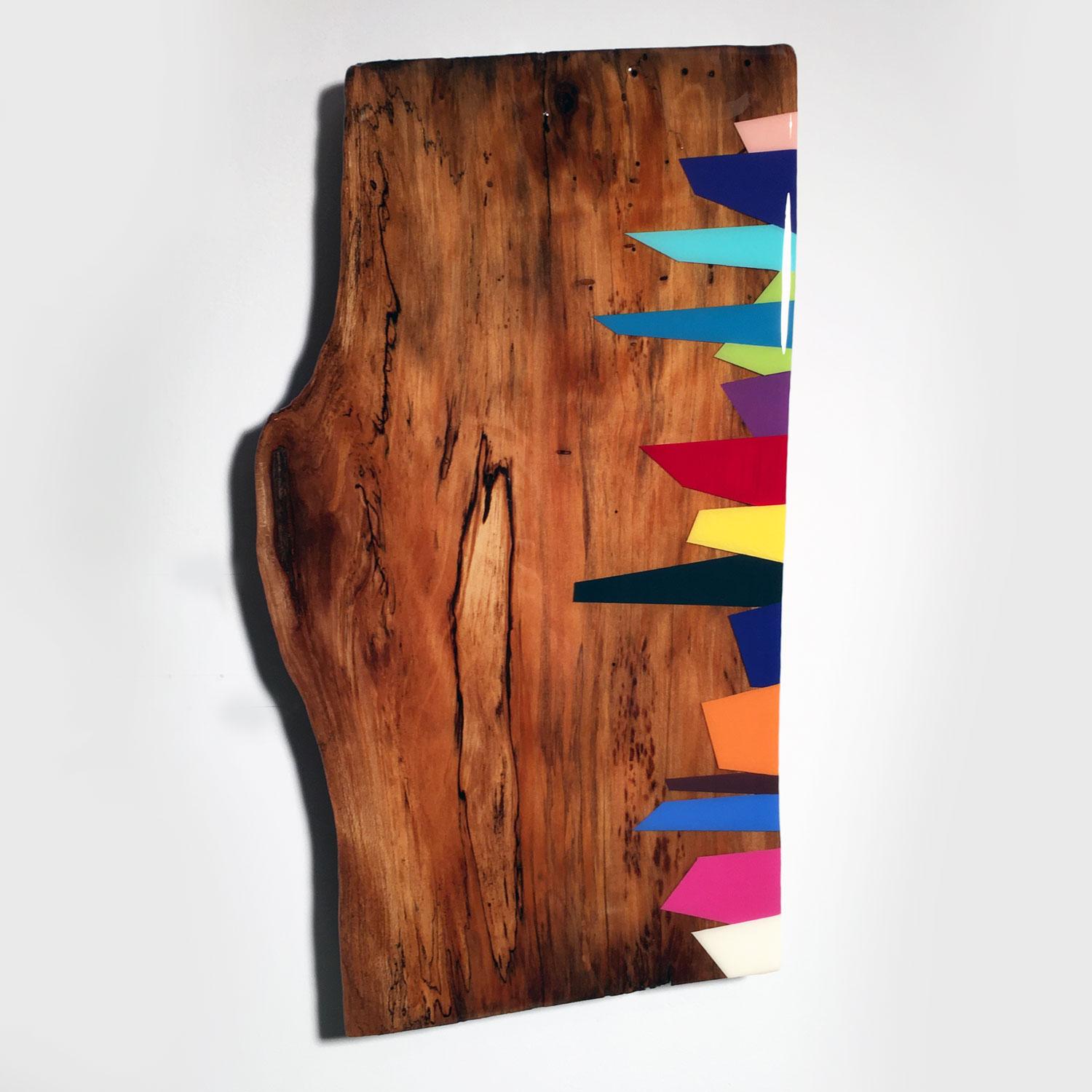 David E. Peterson Abstract Sculpture - Mini Leaner #8, Contemporary Painted Rainbow Wall Sculpture, Shiny Exotic Wood