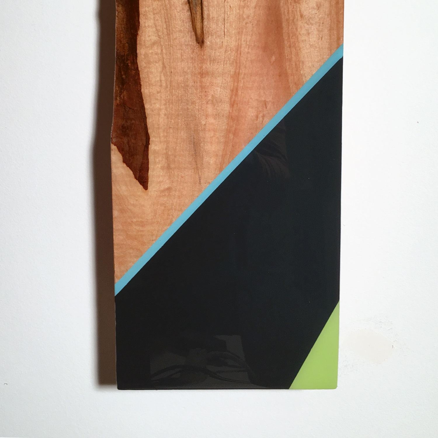 Mini Leaner #9, Contemporary Green & Blue Wall Sculpture, Shiny Exotic Wood For Sale 2