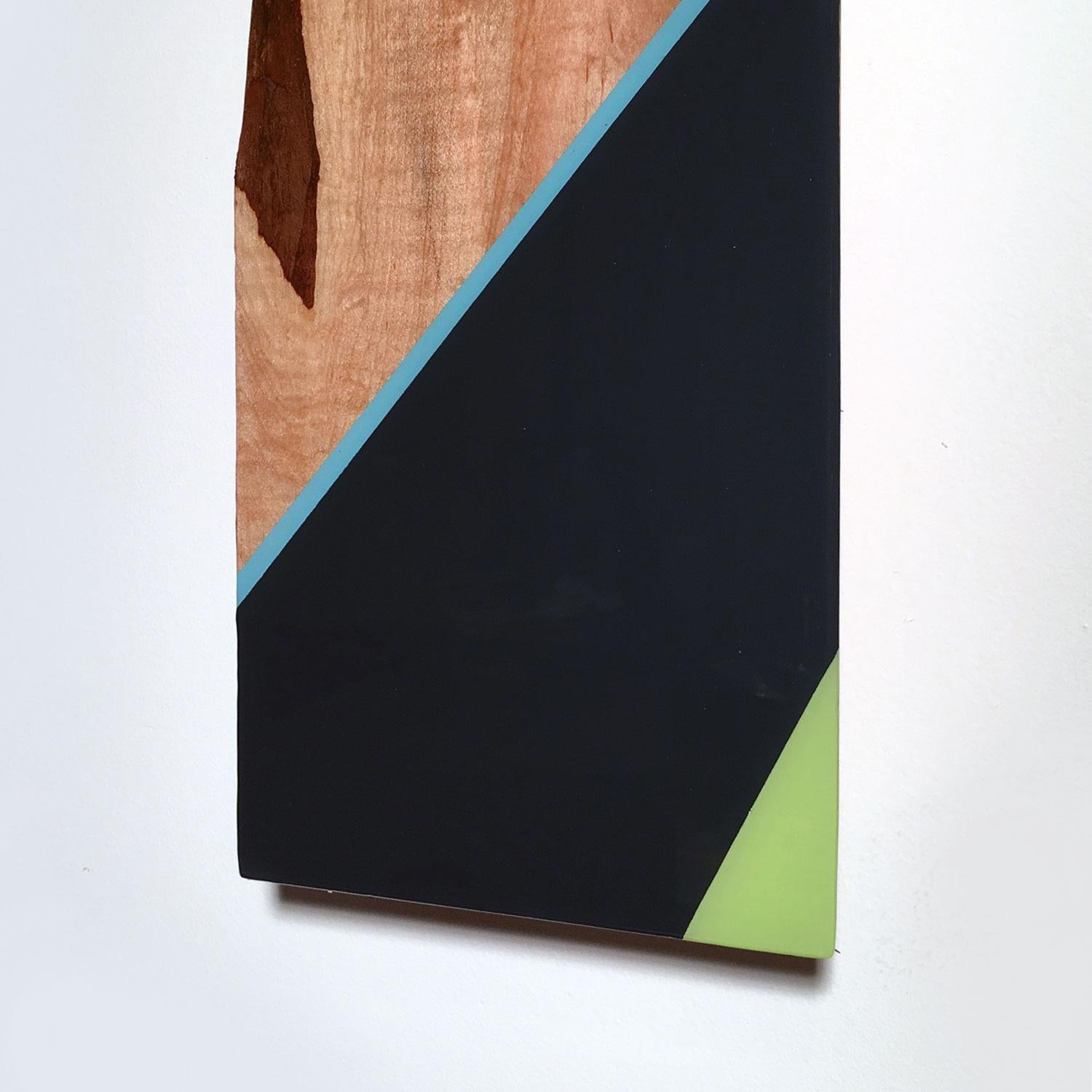 Mini Leaner n° 9, sculpture murale contemporaine verte et bleue, bois exotique brillant en vente 4