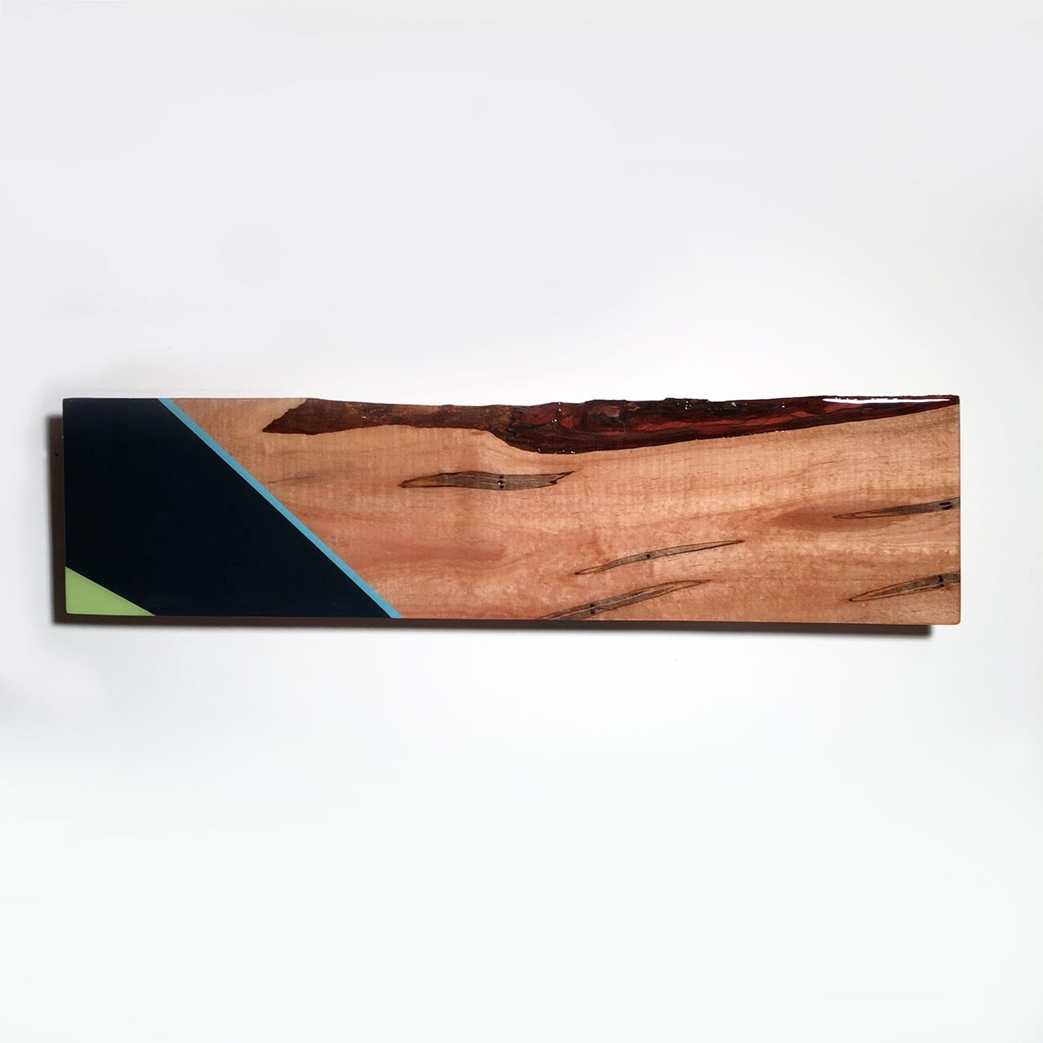 Mini Leaner #9, Zeitgenössische grüne und blaue Wandskulptur, glänzendes exotisches Holz