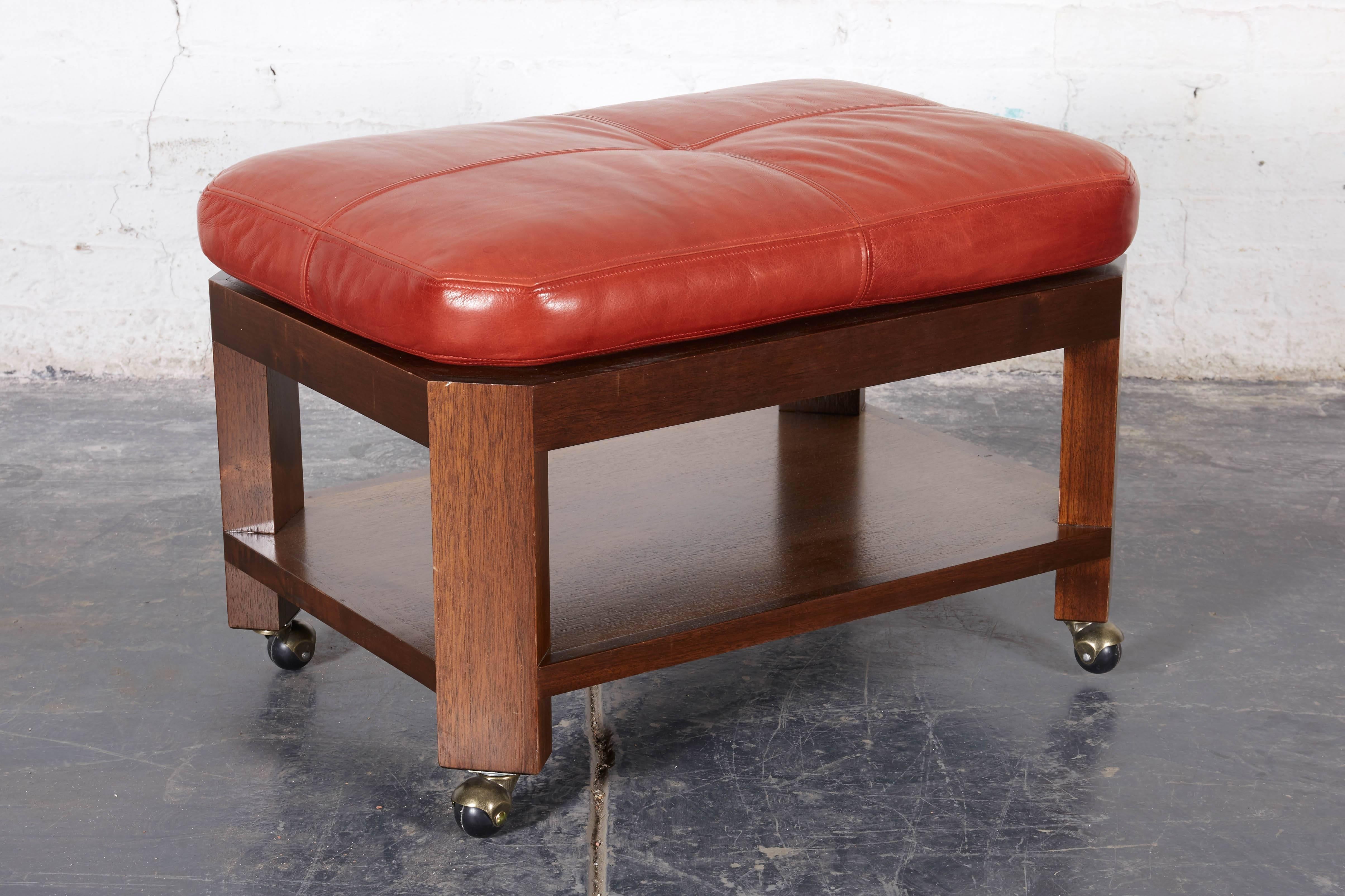 American David Easton Brick Red Leather and Walnut Benches