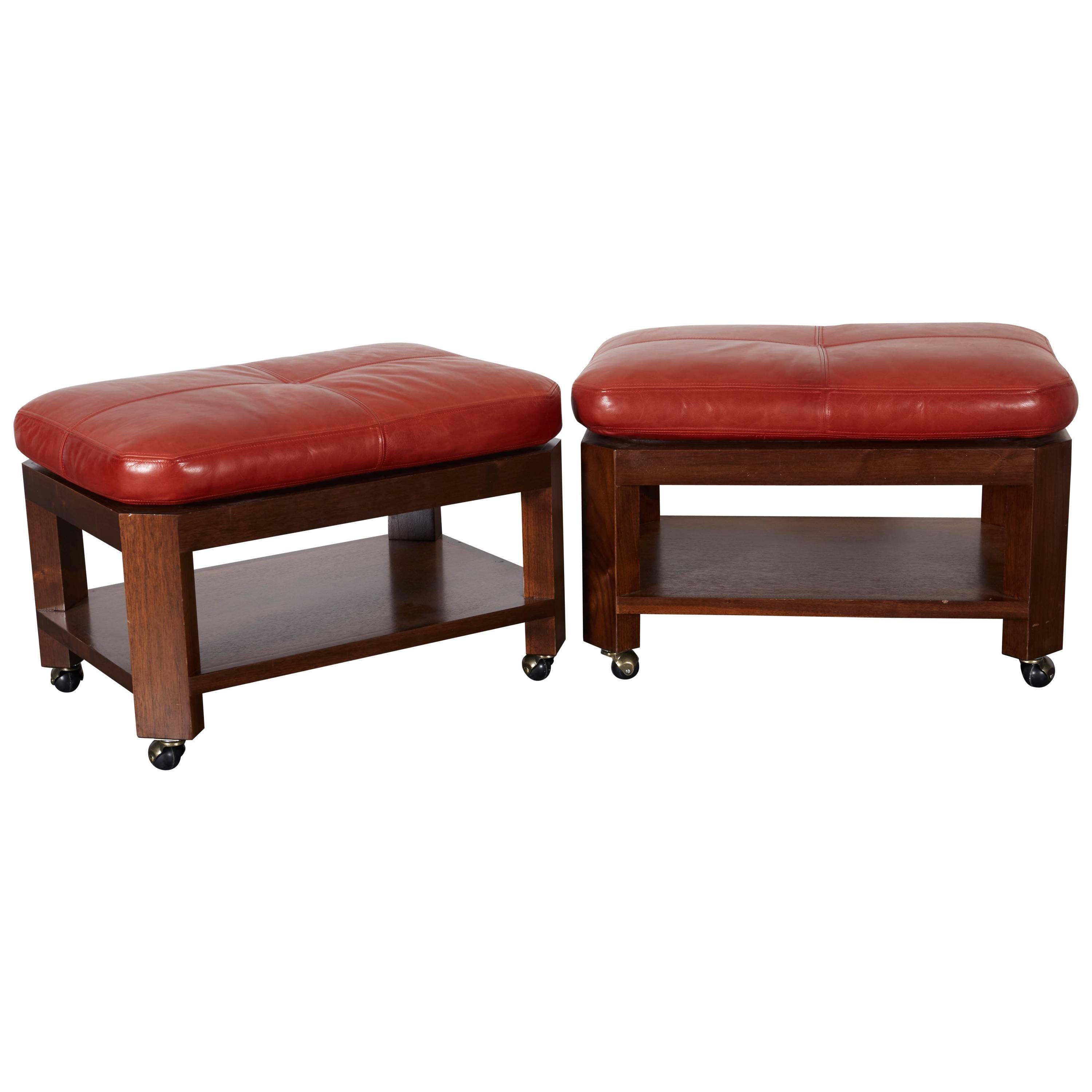 David Easton Brick Red Leather and Walnut Benches